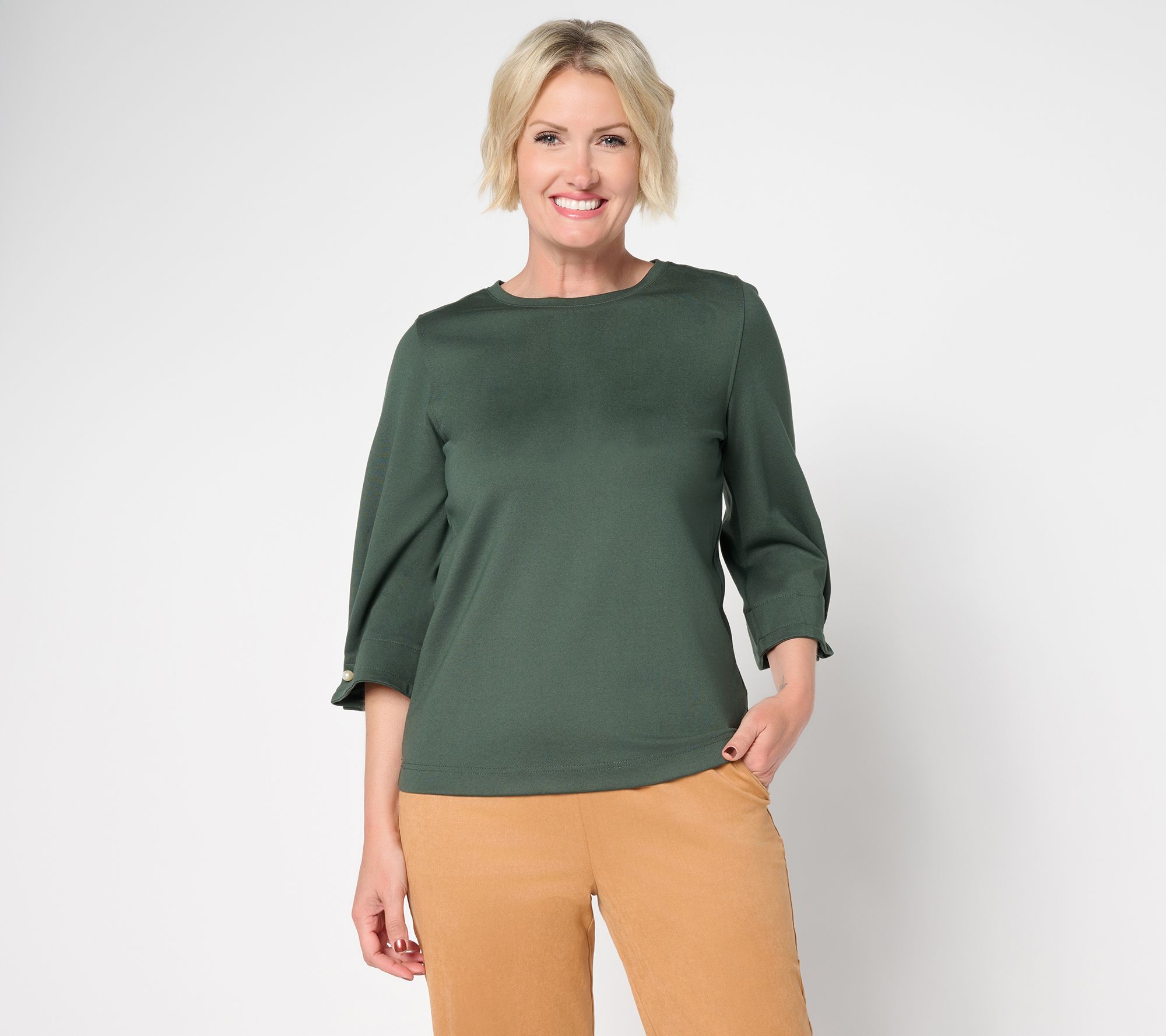 by Stacy London Ponte Crew Neck Top with Pearl Trim