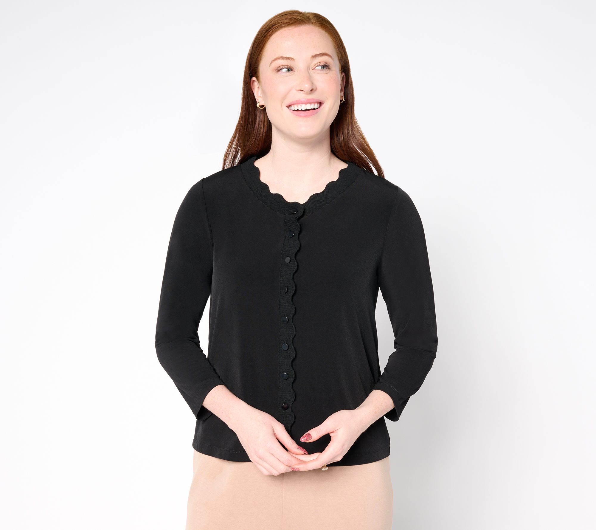 "As Is" Susan Graver Liquid Knit Button Shrug with Scalloped Trim