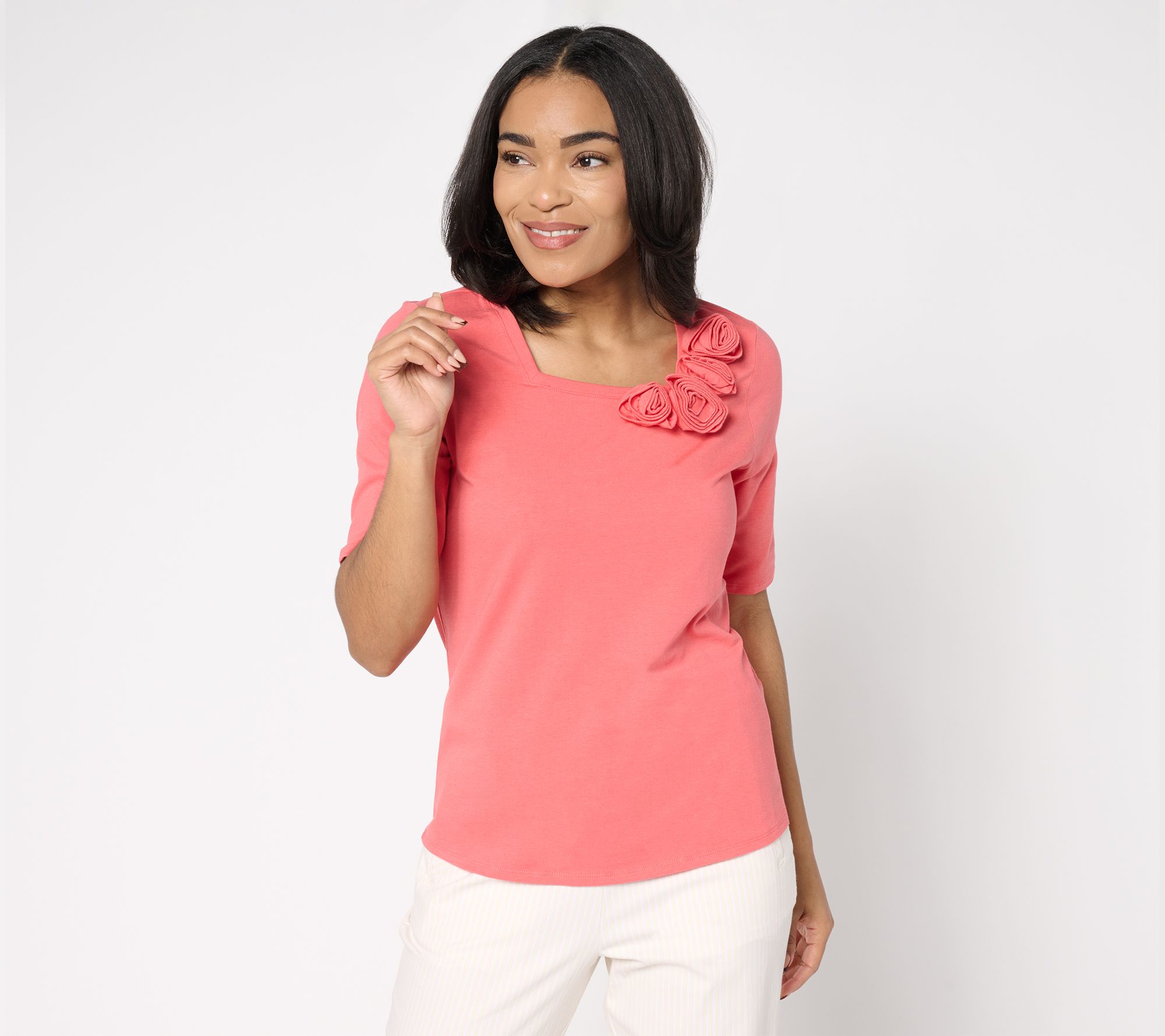 "As Is" BEAUTIFUL by Lawrence Zarian Elbow Sleeve Top w/ Rosettes