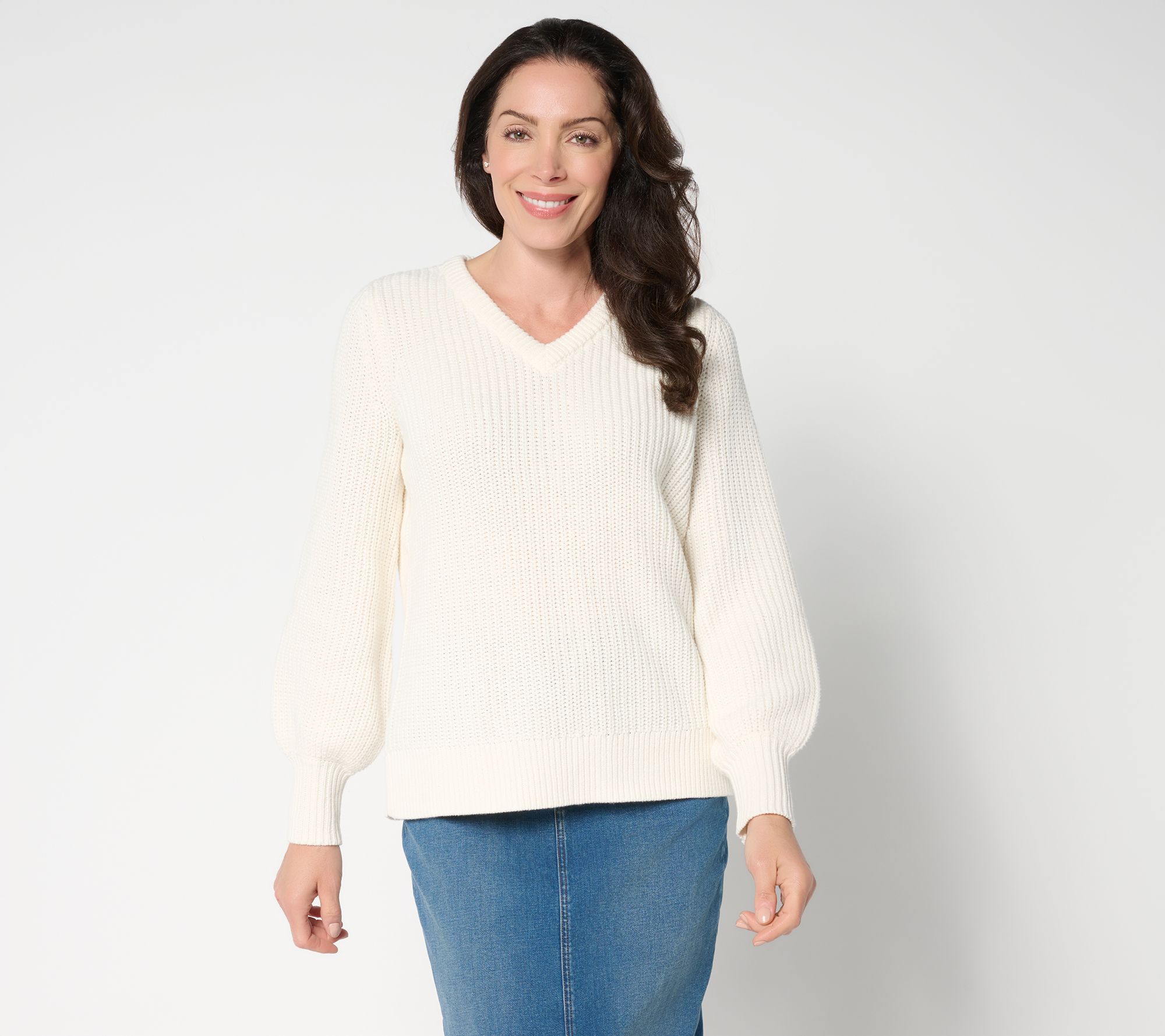 Belle by Kim Gravel Chunky Shaker Knit Bishop Sleeve Sweater