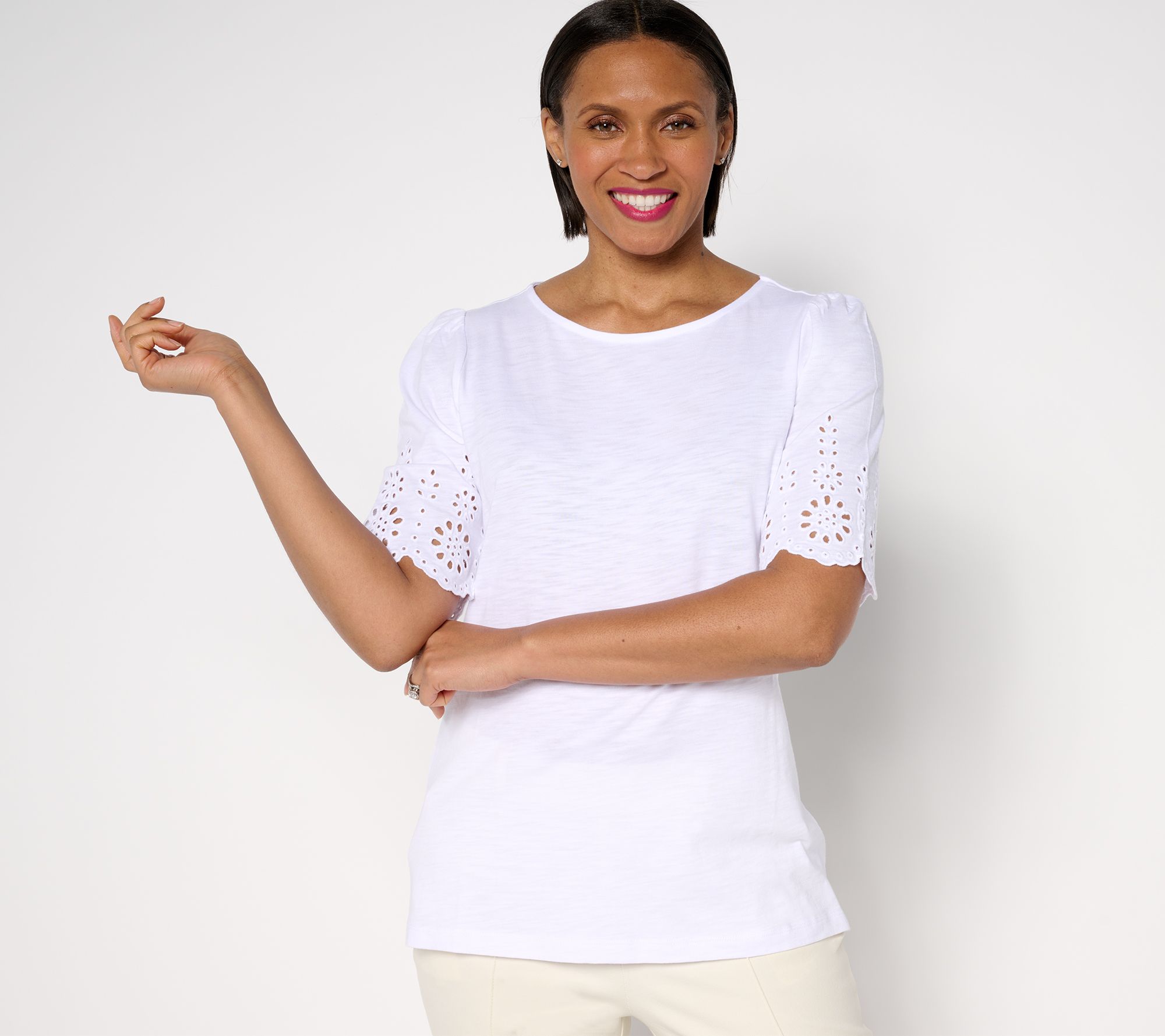 "As Is" Belle by Kim Gravel Slub Knit Scallop Sleeve Boatneck Top