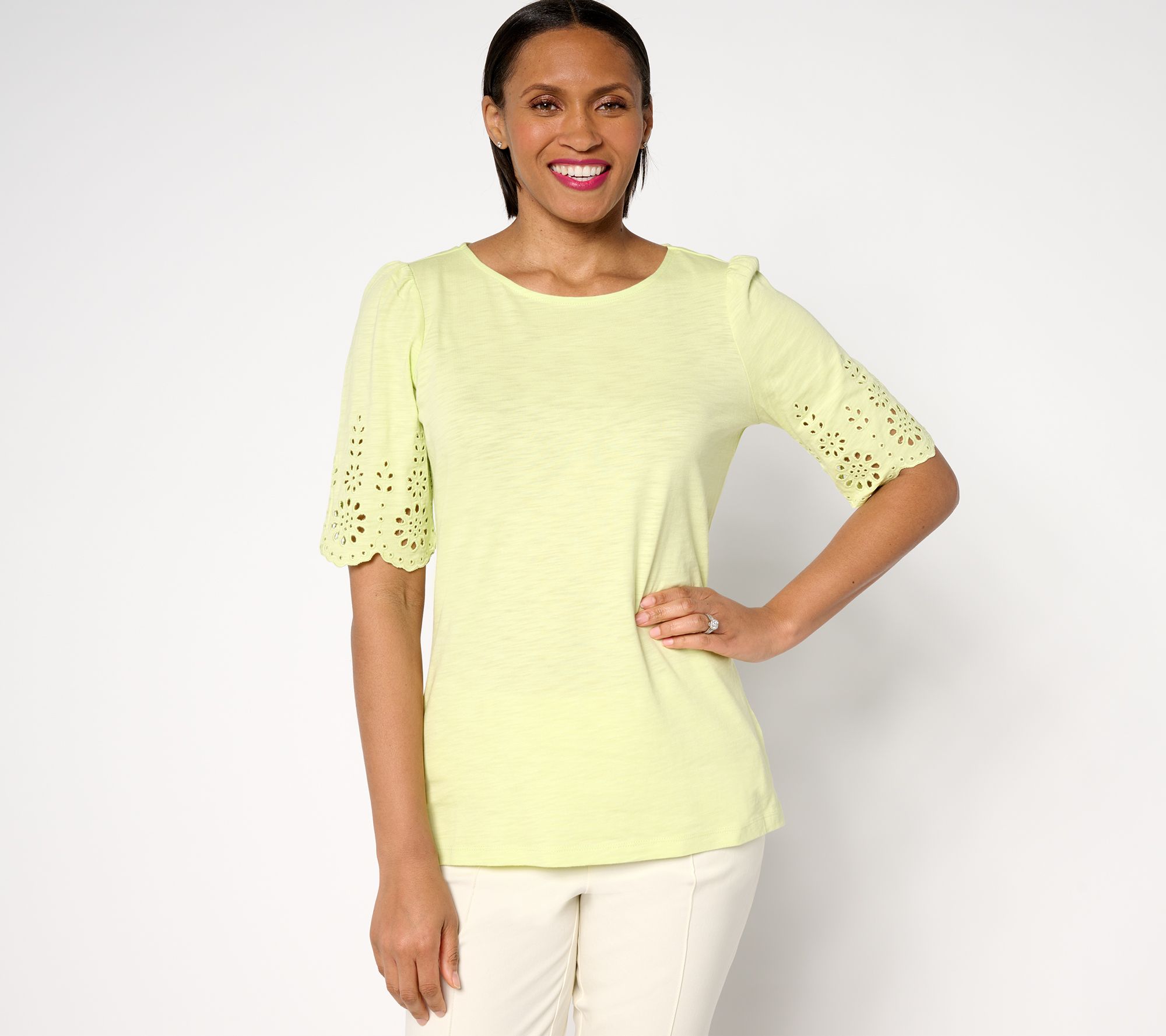 "As Is" Belle by Kim Gravel Slub Knit Scallop Sleeve Boatneck Top