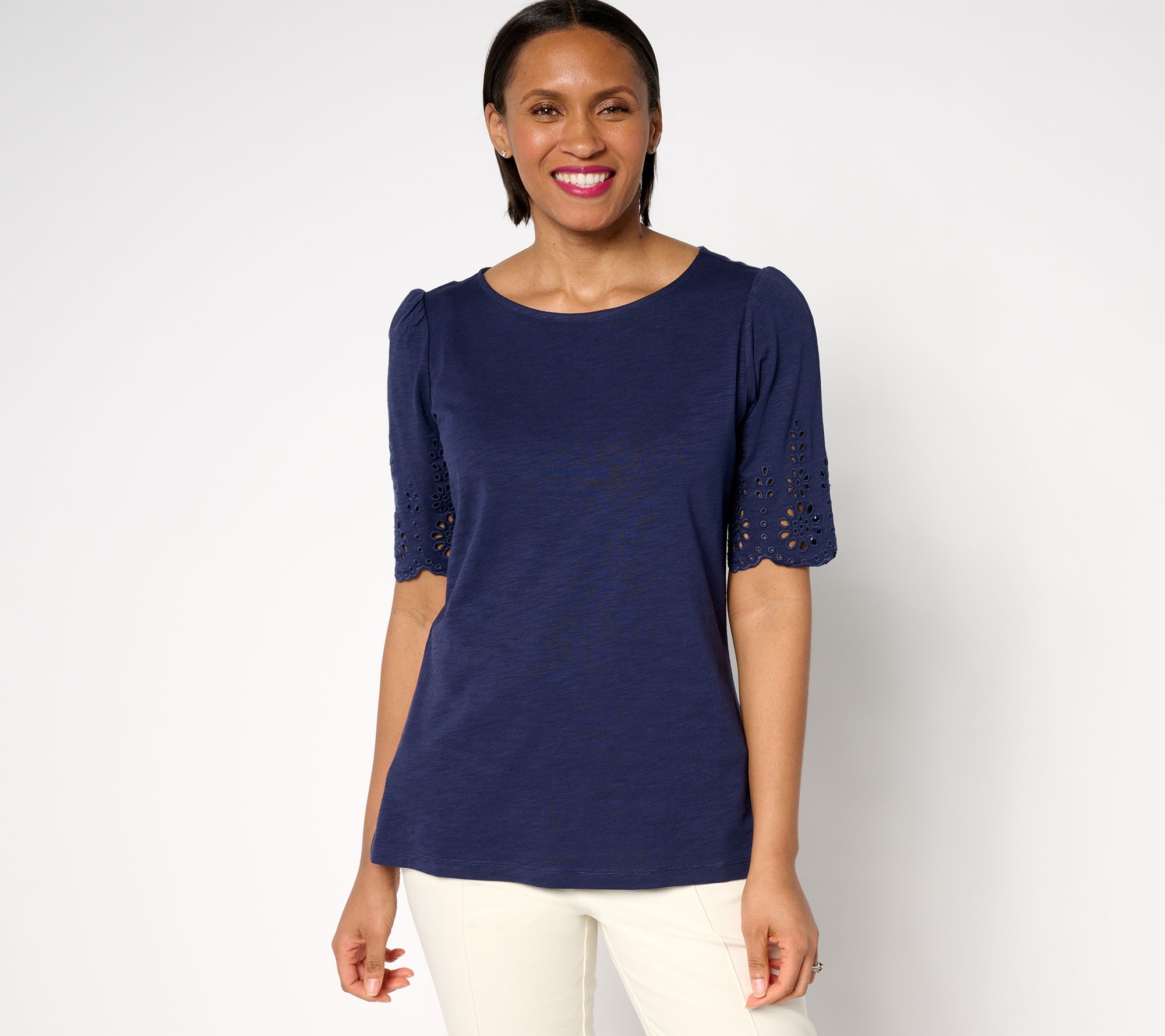 "As Is" Belle by Kim Gravel Slub Knit Scallop Sleeve Boatneck Top