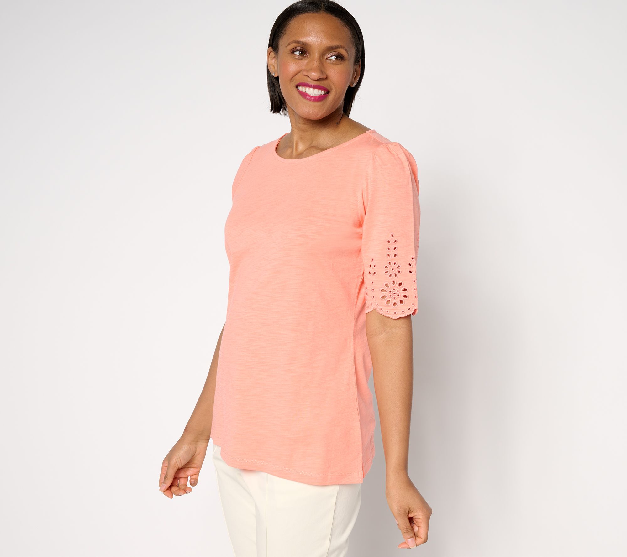 "As Is" Belle by Kim Gravel Slub Knit Scallop Sleeve Boatneck Top
