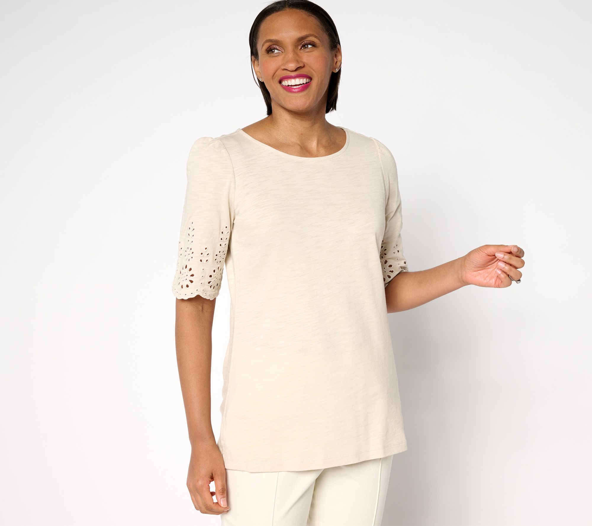 "As Is" Belle by Kim Gravel Slub Knit Scallop Sleeve Boatneck Top
