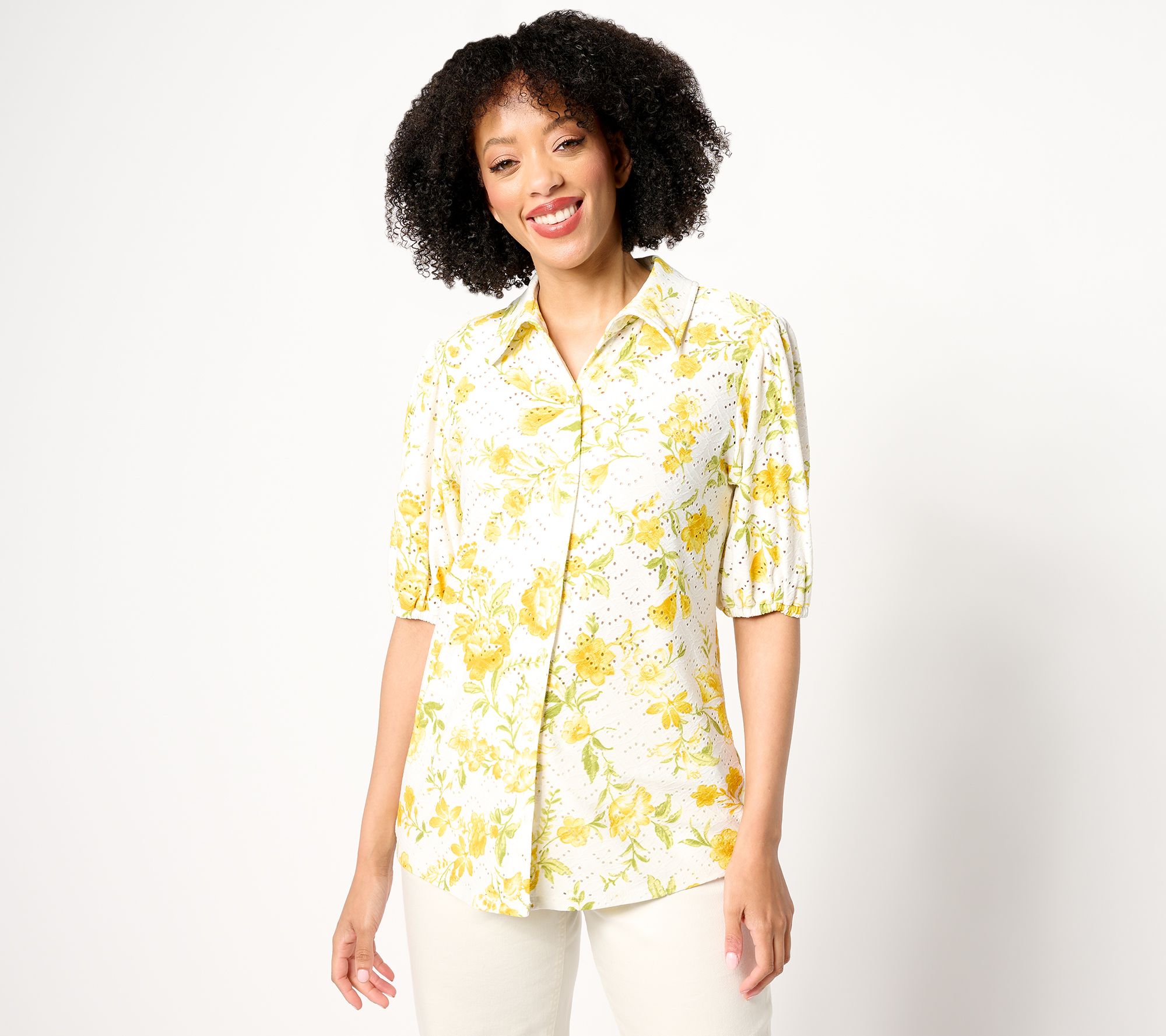 "As Is" Susan Graver Printed Knit Eyelet Button Front Puff Sleeve Top