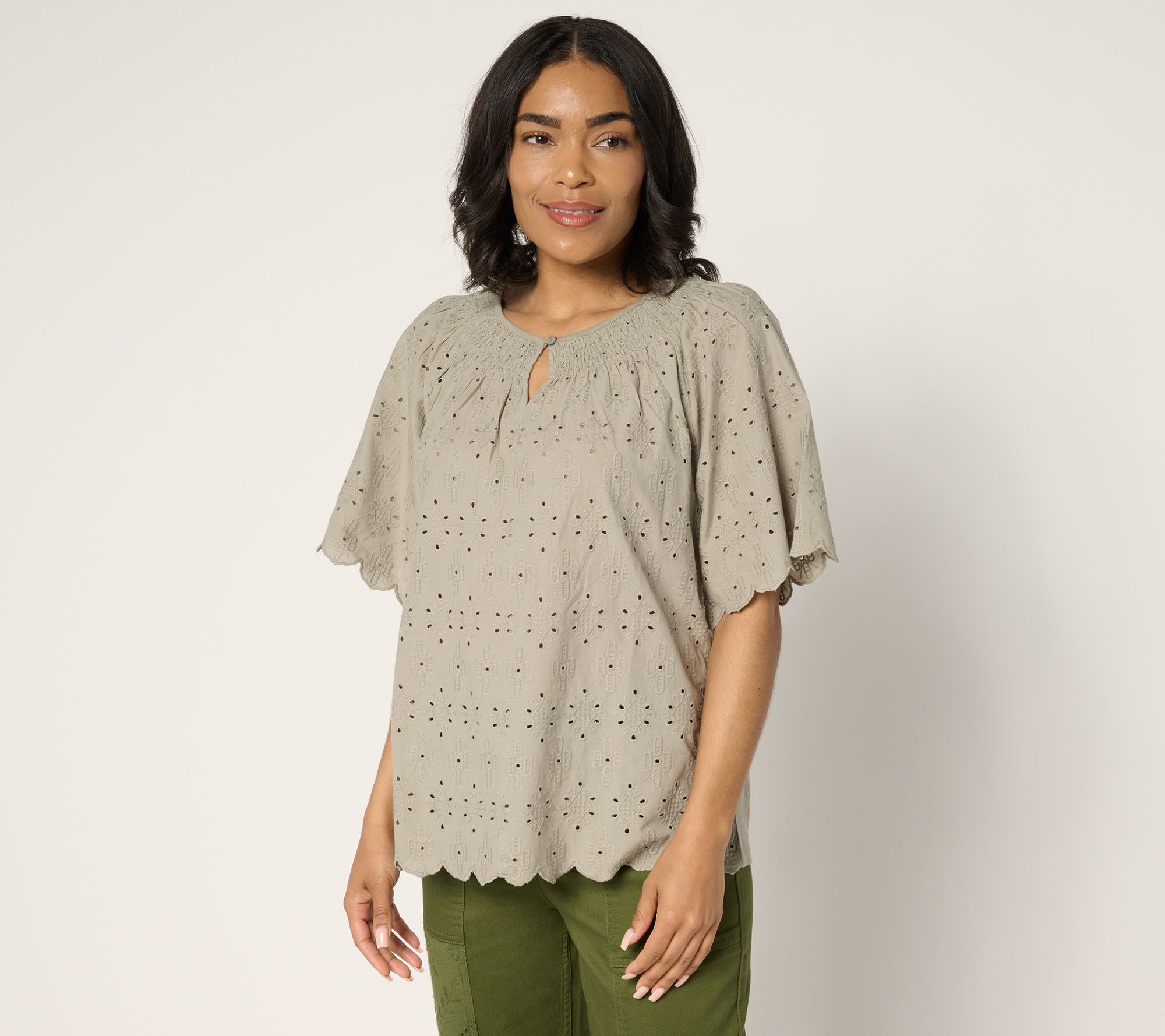 "As Is" LOGO Lavish by Lori Goldstein 100% Cotton Eyelet Top