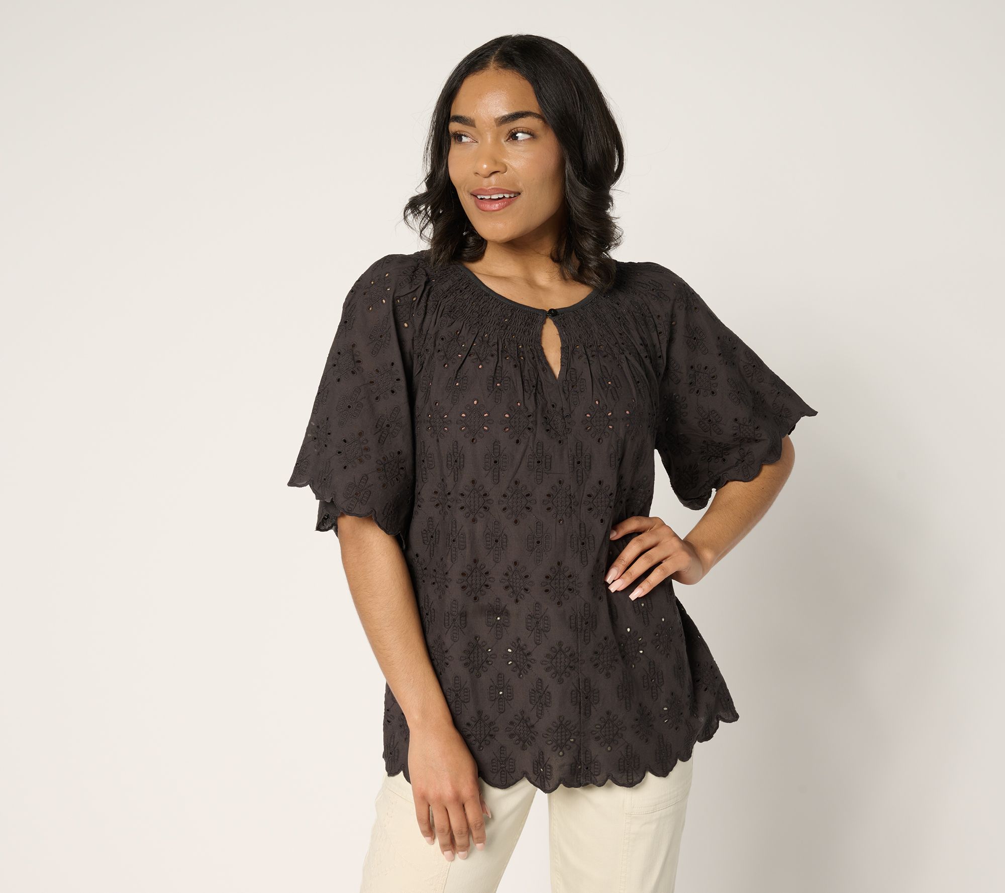 "As Is" LOGO Lavish by Lori Goldstein 100% Cotton Eyelet Top
