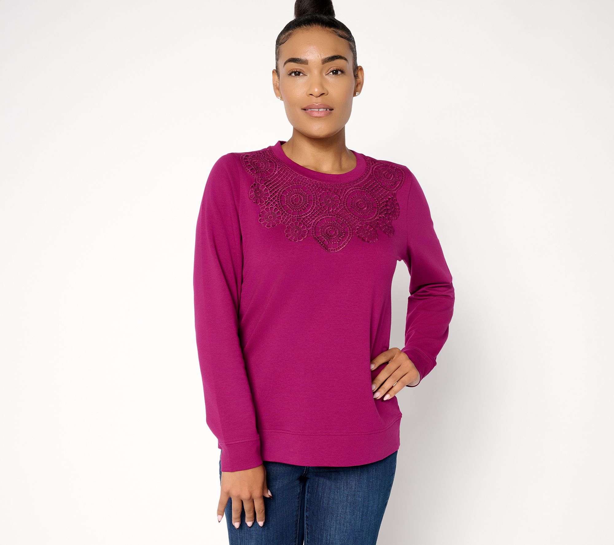 Denim & Co. French Terry Long Sleeve Pullover with Lace Detail
