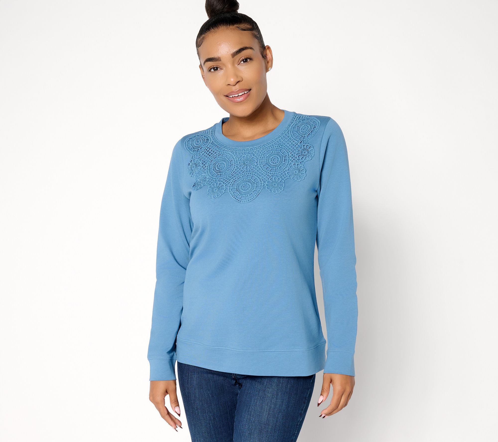 Denim & Co. French Terry Long Sleeve Pullover with Lace Detail