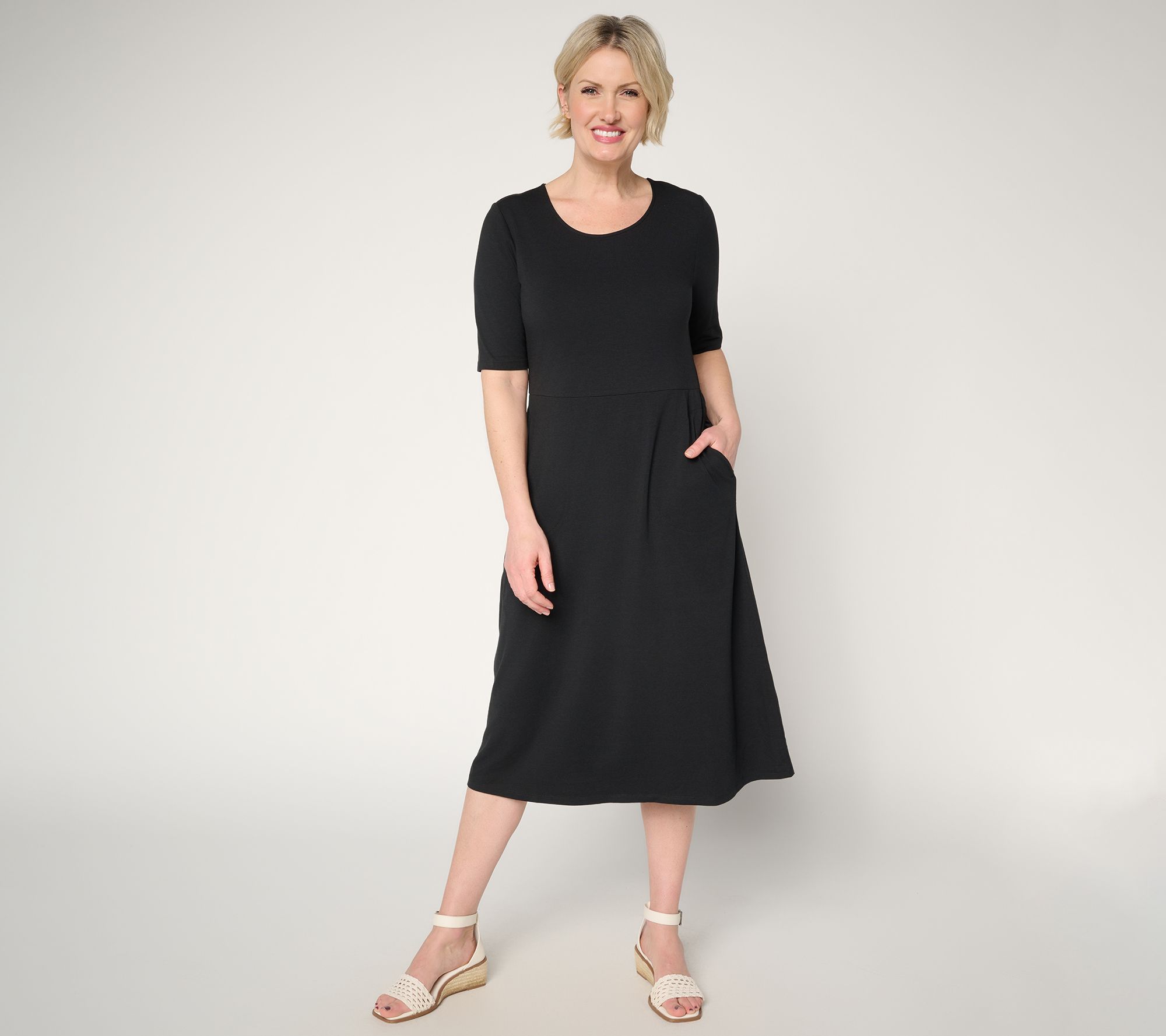 Denim & Co. Petite So Soft Jersey Elbow Sleeve Midi Dress