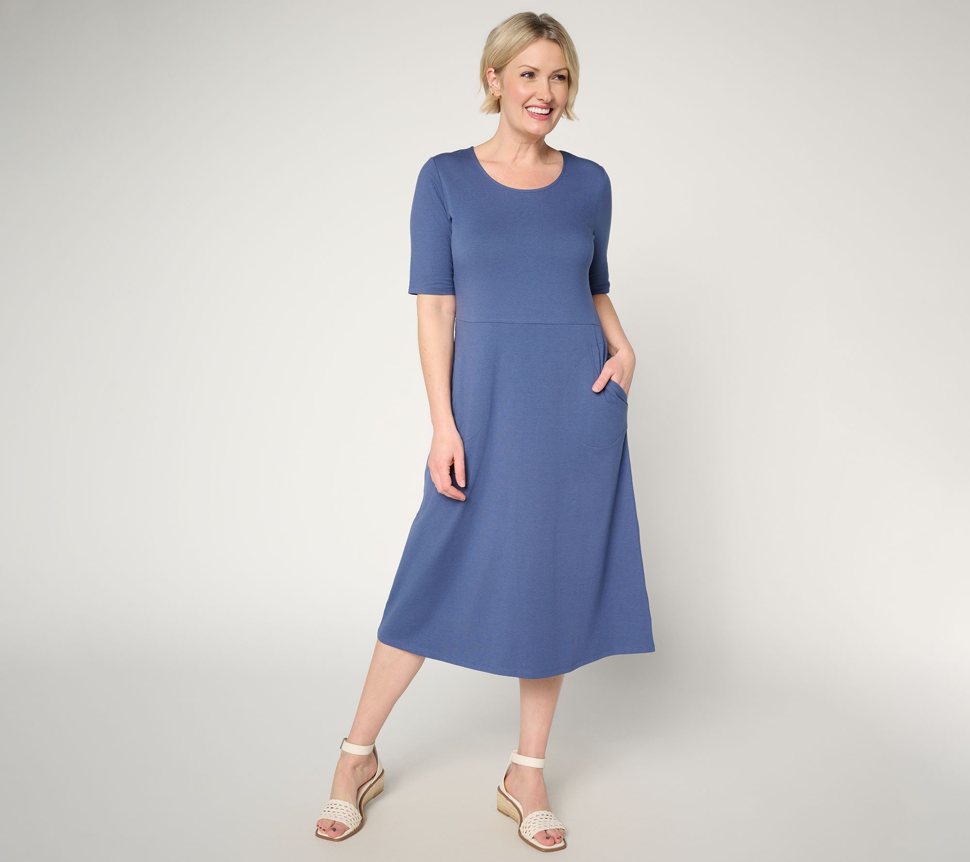 Denim & Co. Petite So Soft Jersey Elbow Sleeve Midi Dress