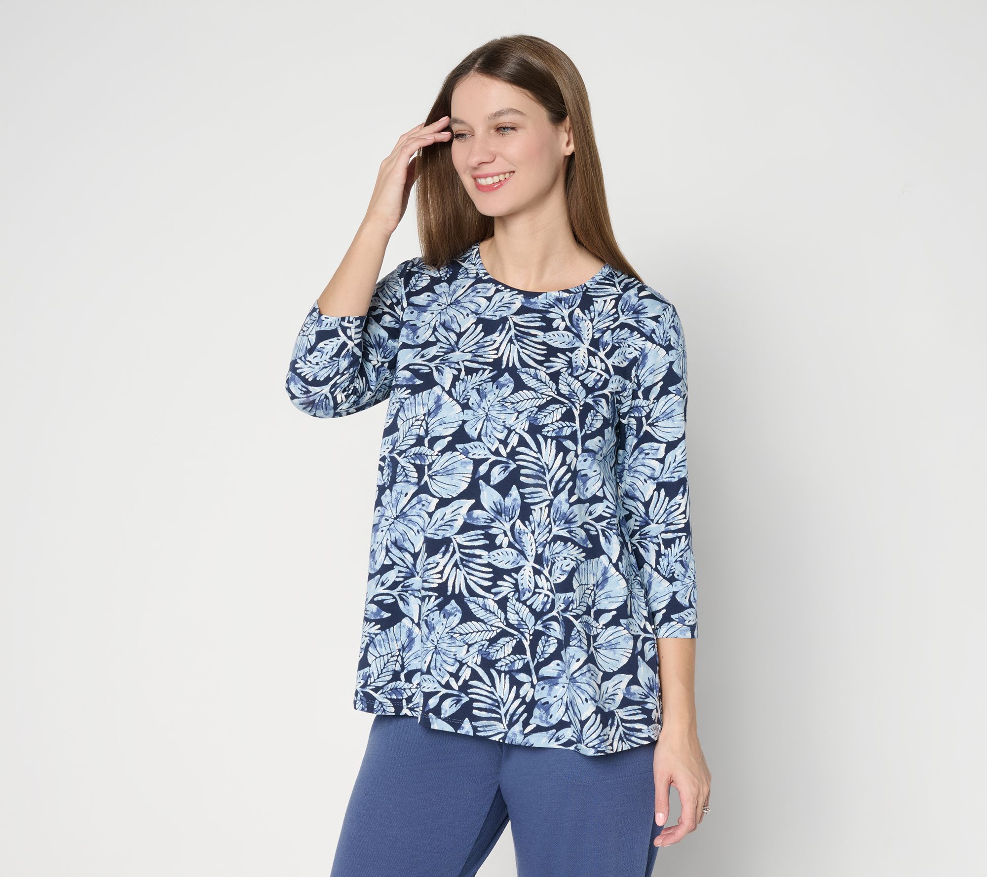 Denim & Co. Beach Jersey Round Neck 3/4 Sleeve Swing Top