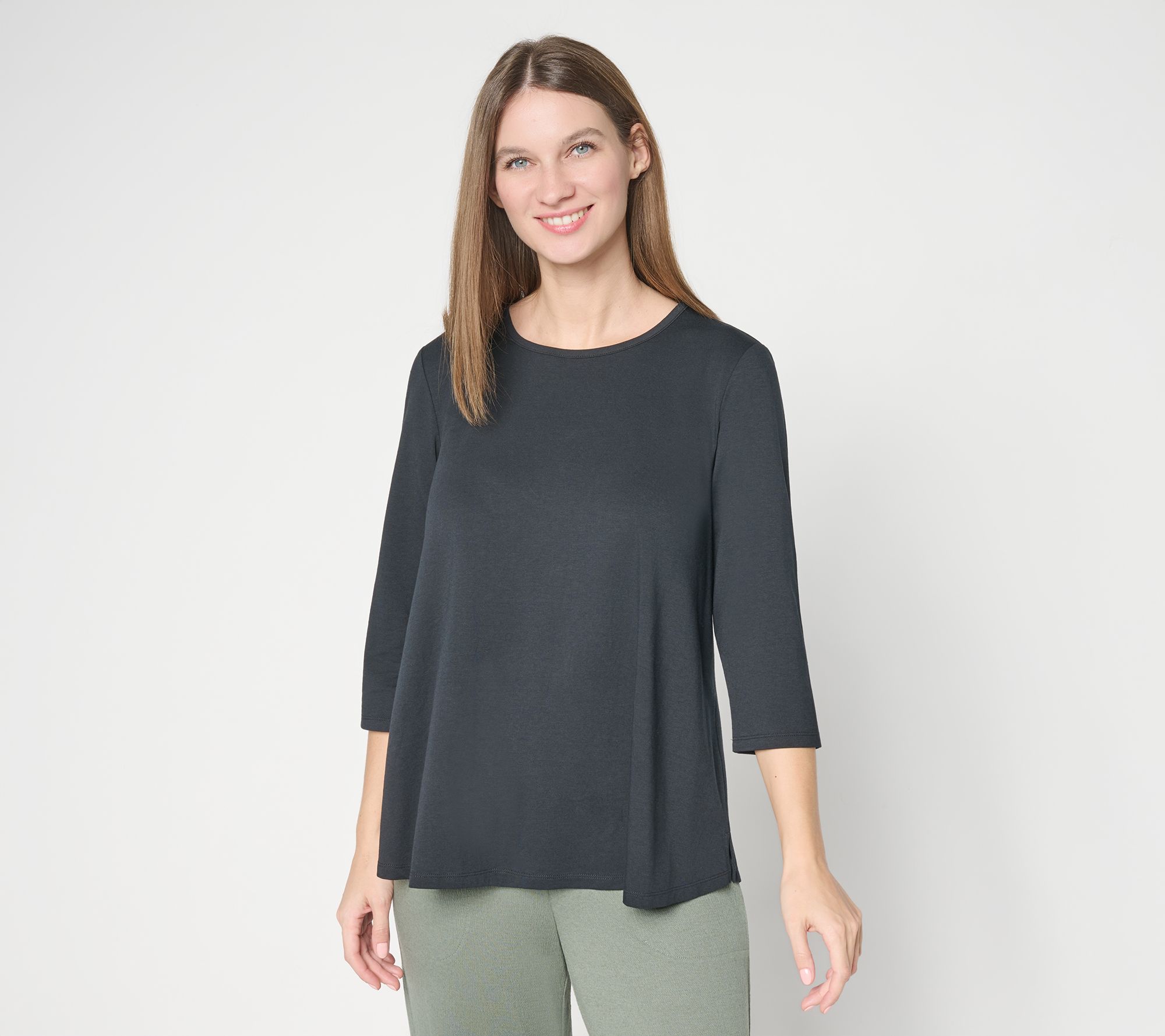Denim & Co. Beach Jersey Round Neck 3/4 Sleeve Swing Top