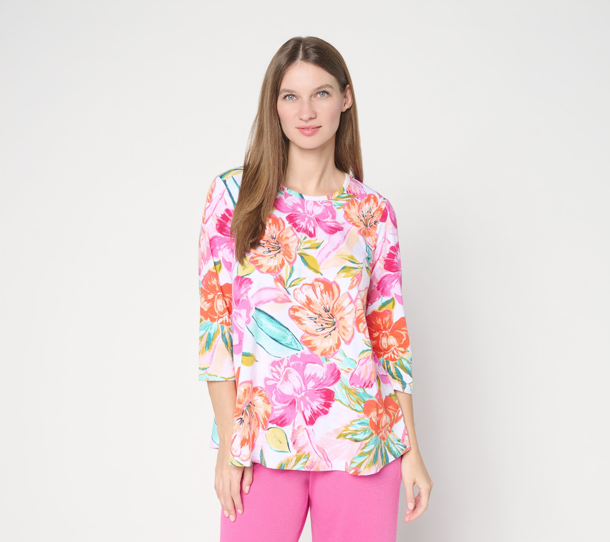 Denim & Co. Beach Jersey Round Neck 3/4 Sleeve Swing Top