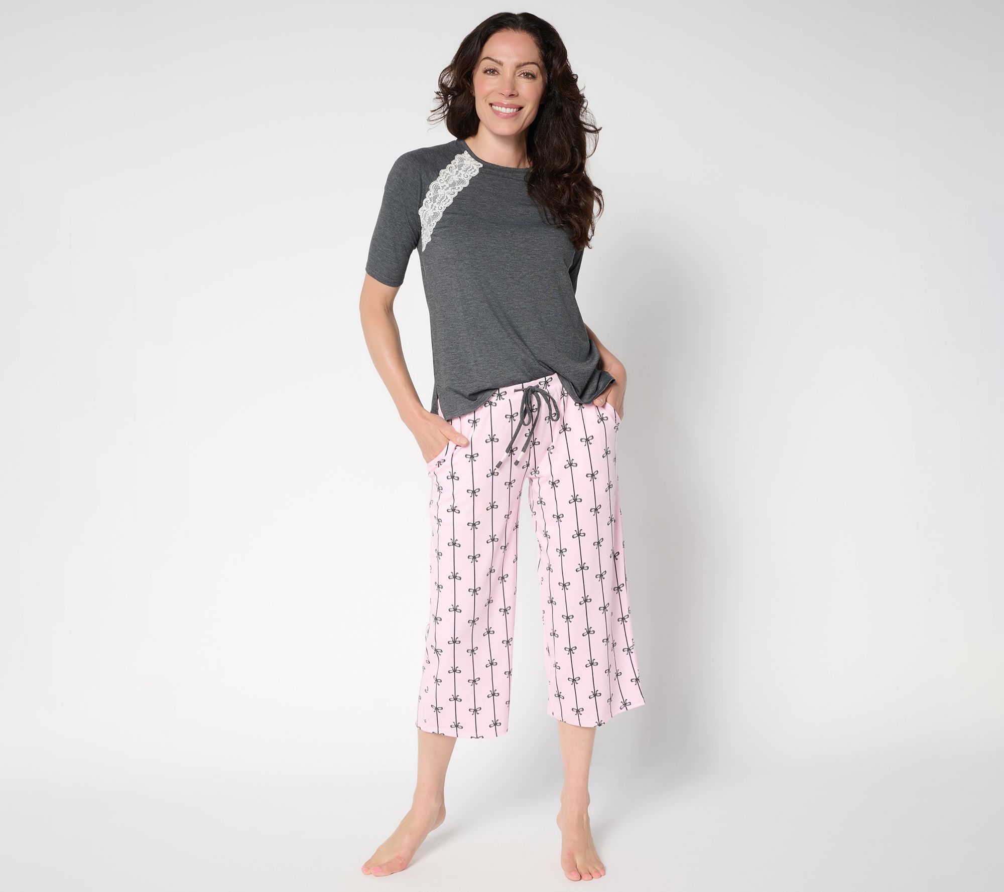 "As Is" Cuddl Duds Lace Inset Raglan Sleeve Pajama Set