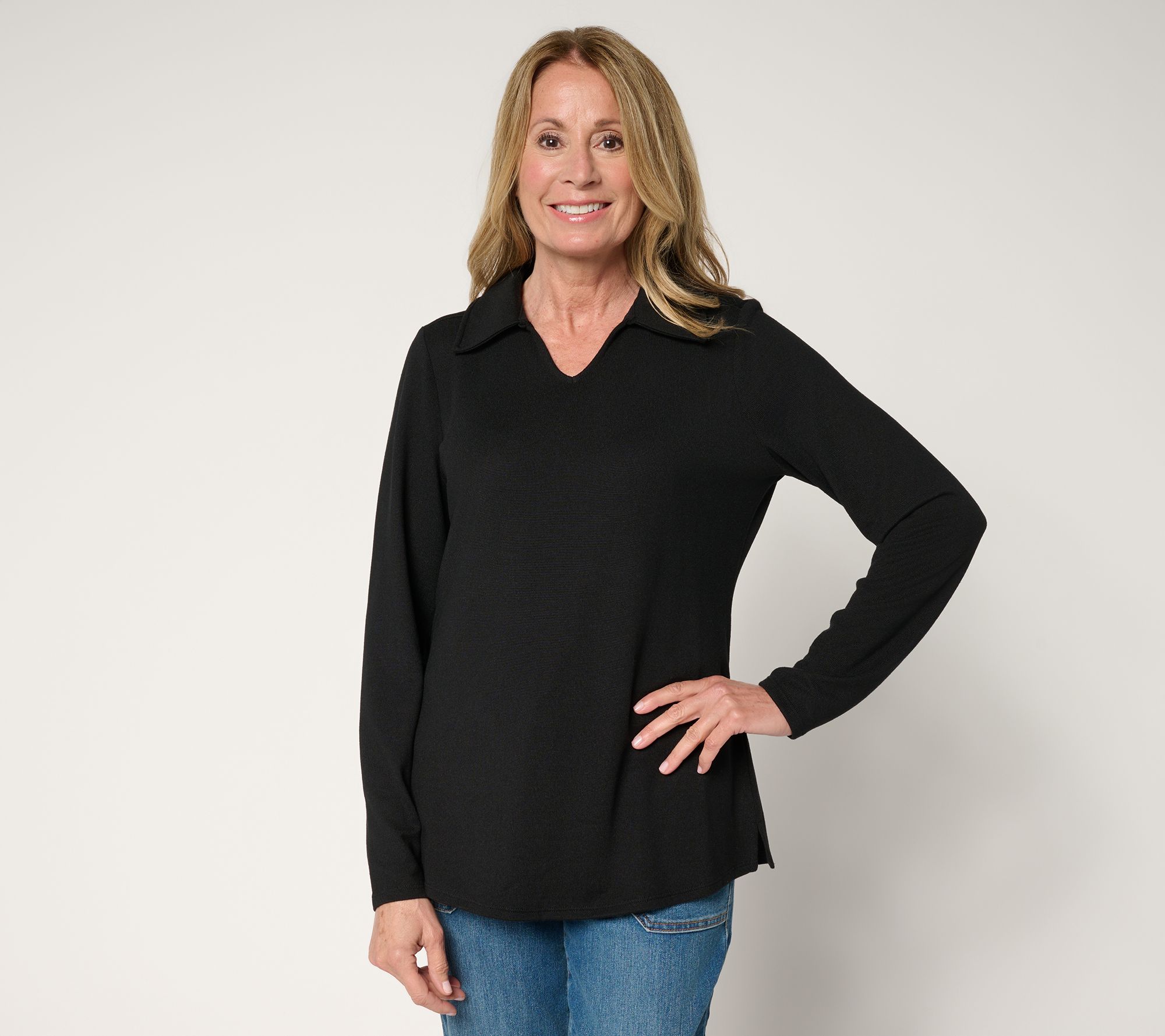"As Is" Denim & Co. Essentials Heavenly Jersey Long Sleeve Collared Top