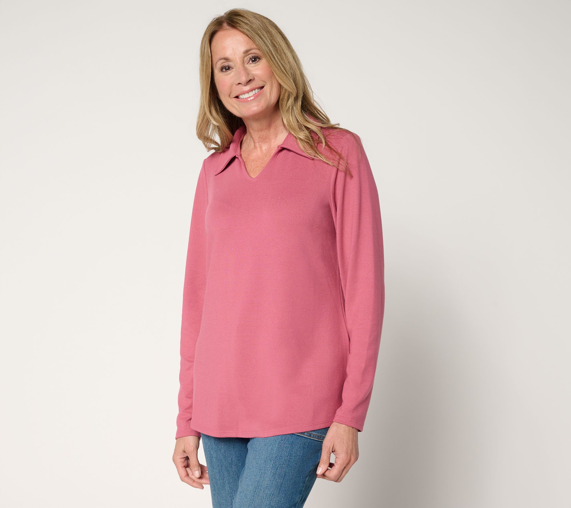 "As Is" Denim & Co. Essentials Heavenly Jersey Long Sleeve Collared Top