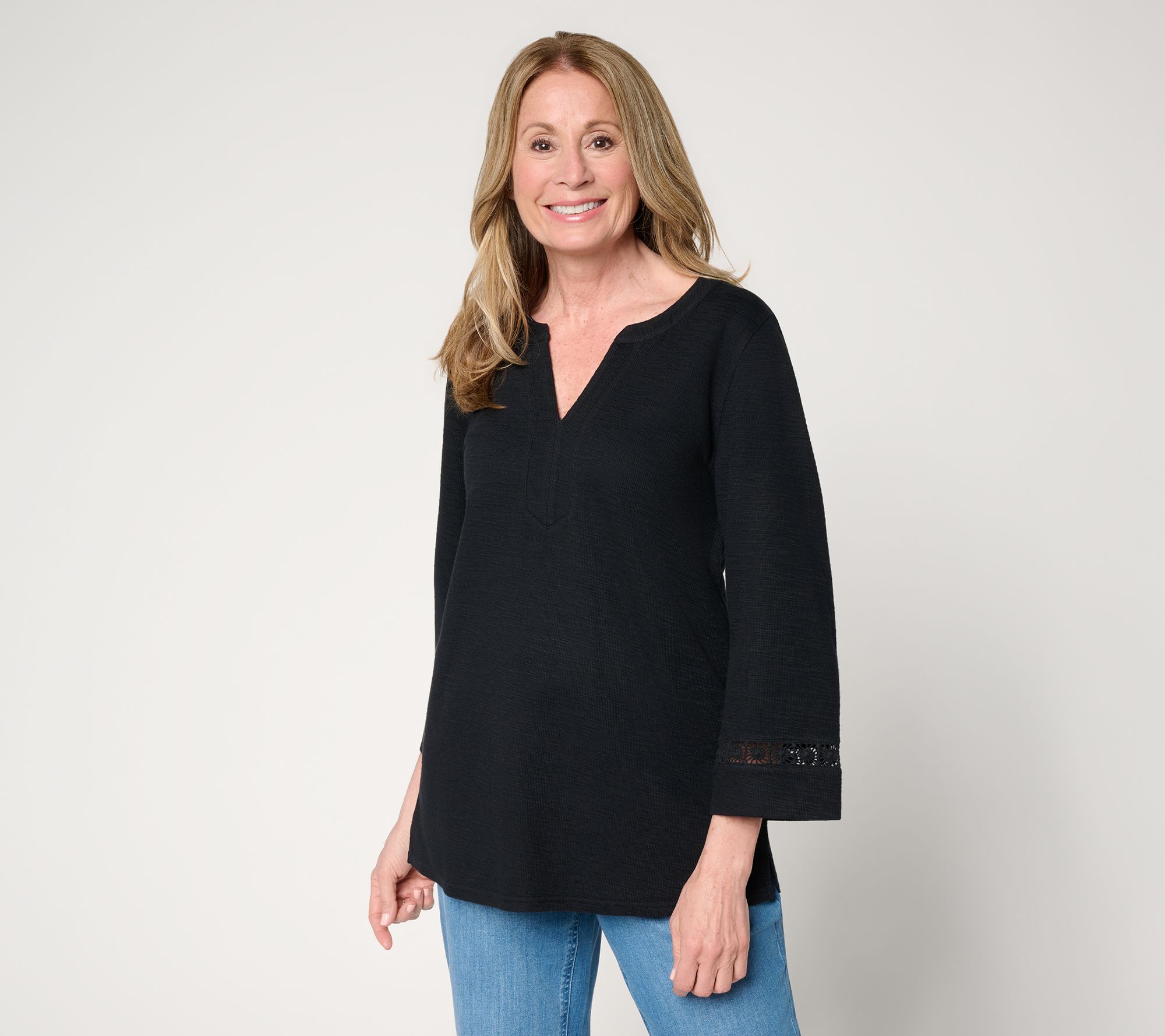 Susan Graver Soleil Regular Slub Rib Knit Tunic w/ Lace Detail