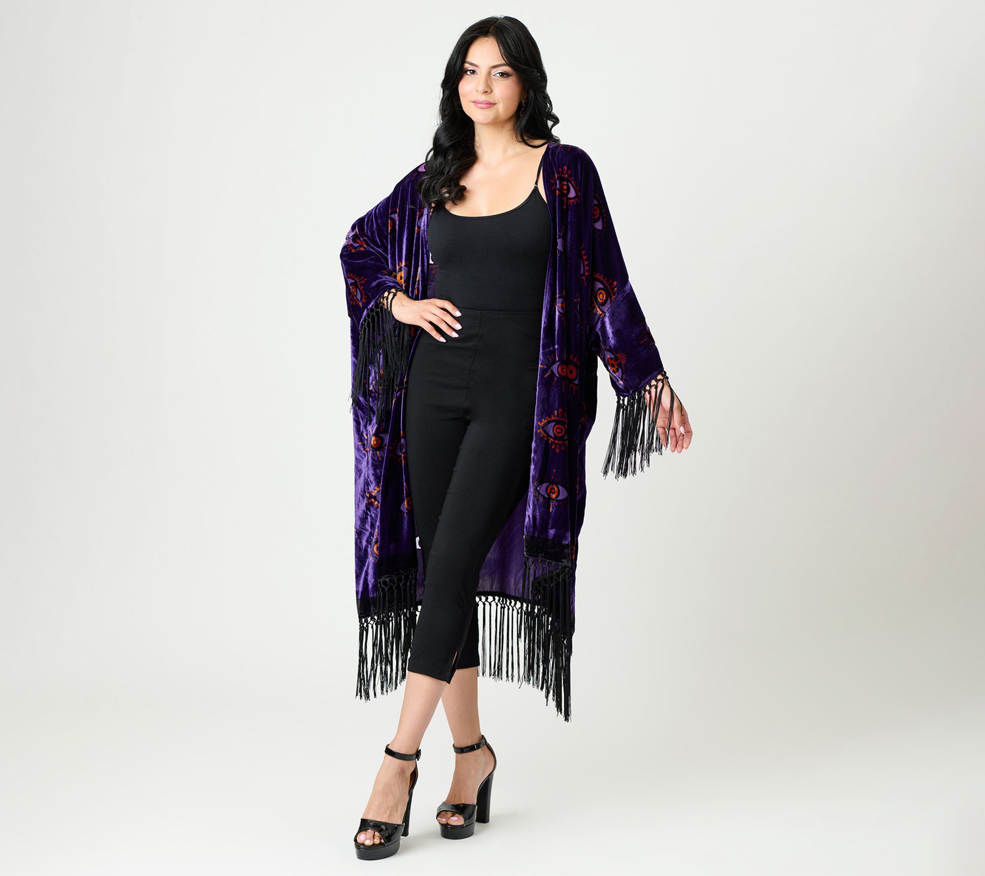 Unique Vintage Purple Evil Eye Burnout Fringe Kimono