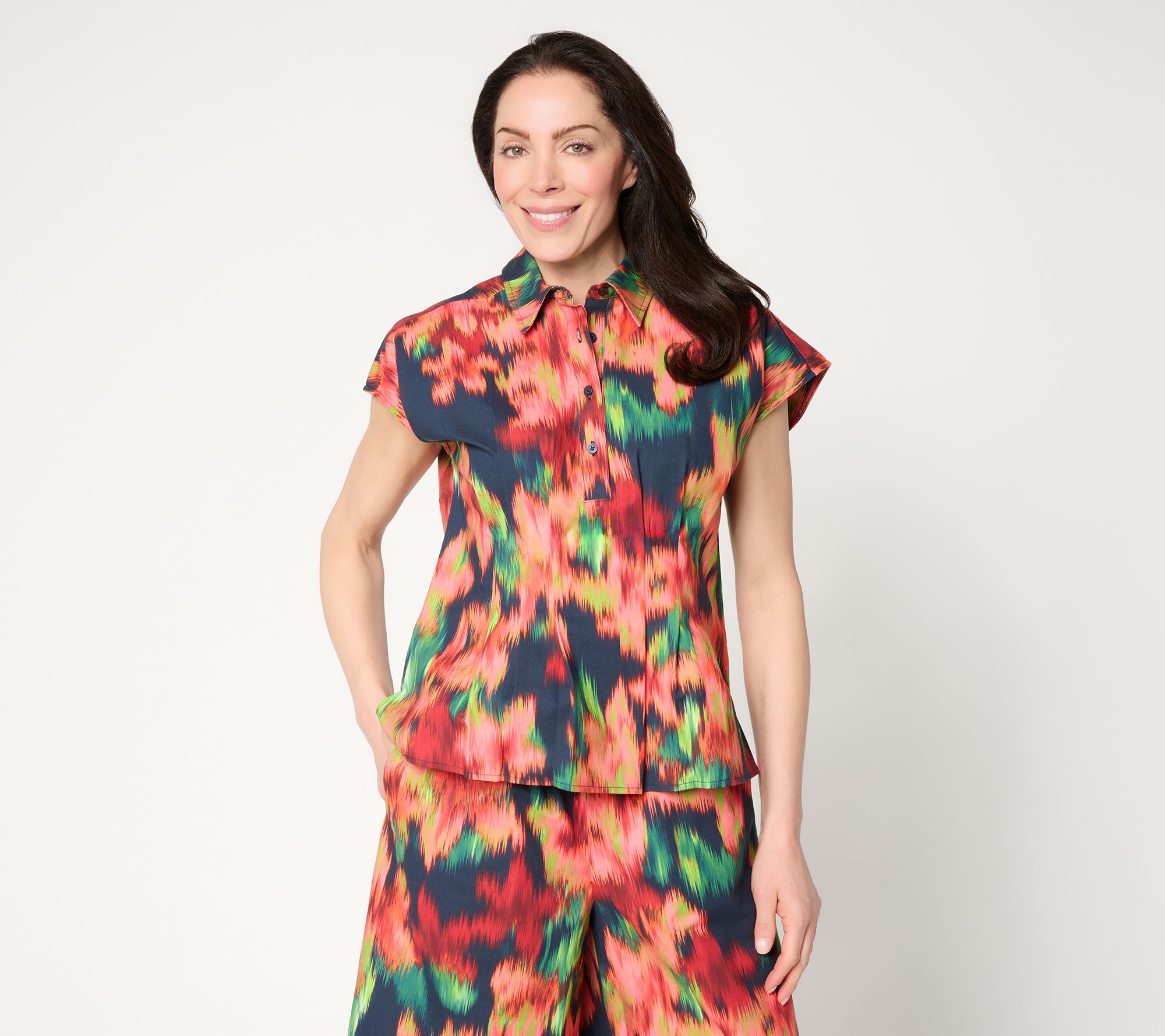 Carla Rockmore Collection Cotton Rich Pleated Waist Henley Shirt