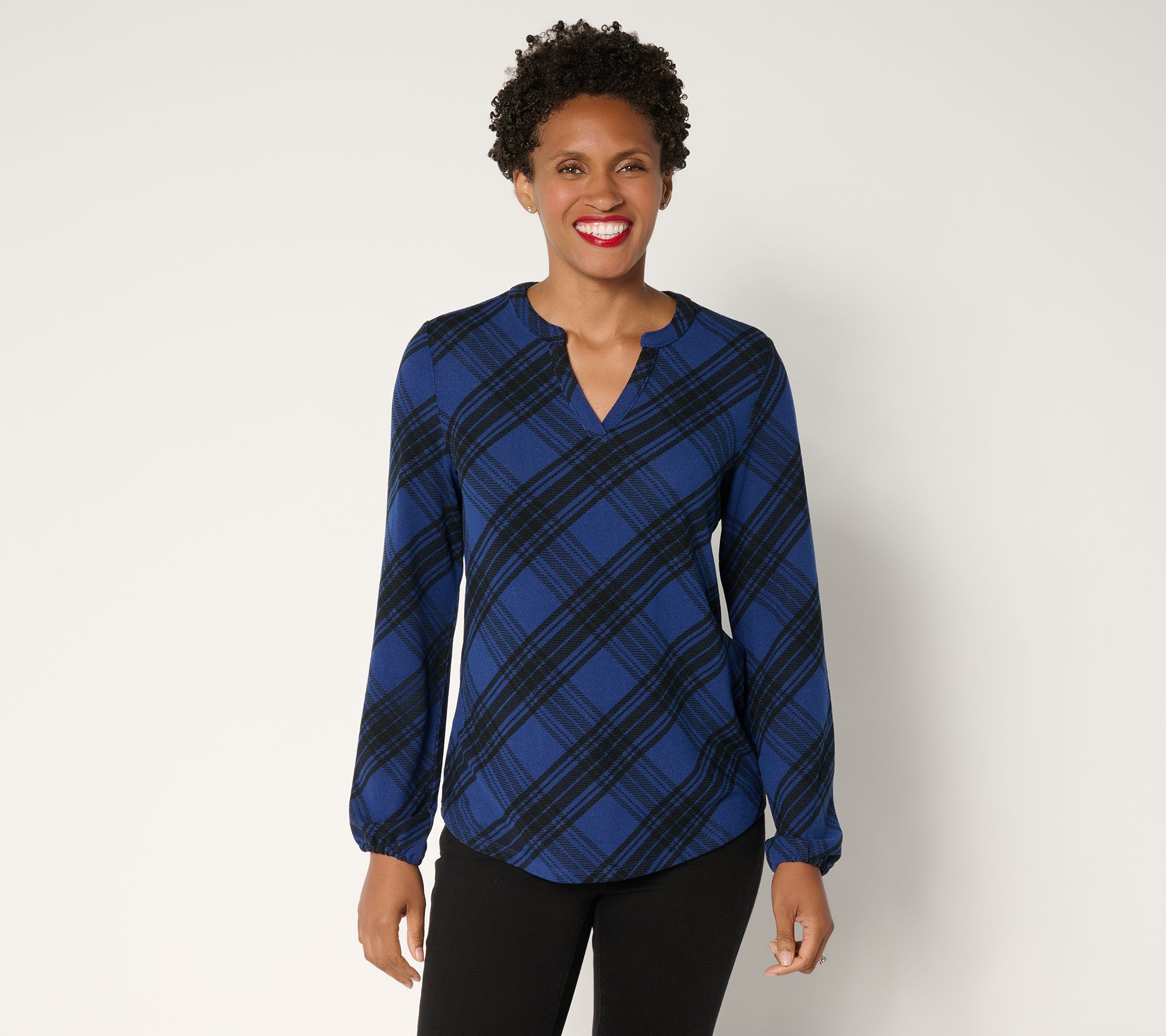 "As Is" Denim & Co. Plaid Heavenly Jersey Split V-Neck Long Sleeve Top