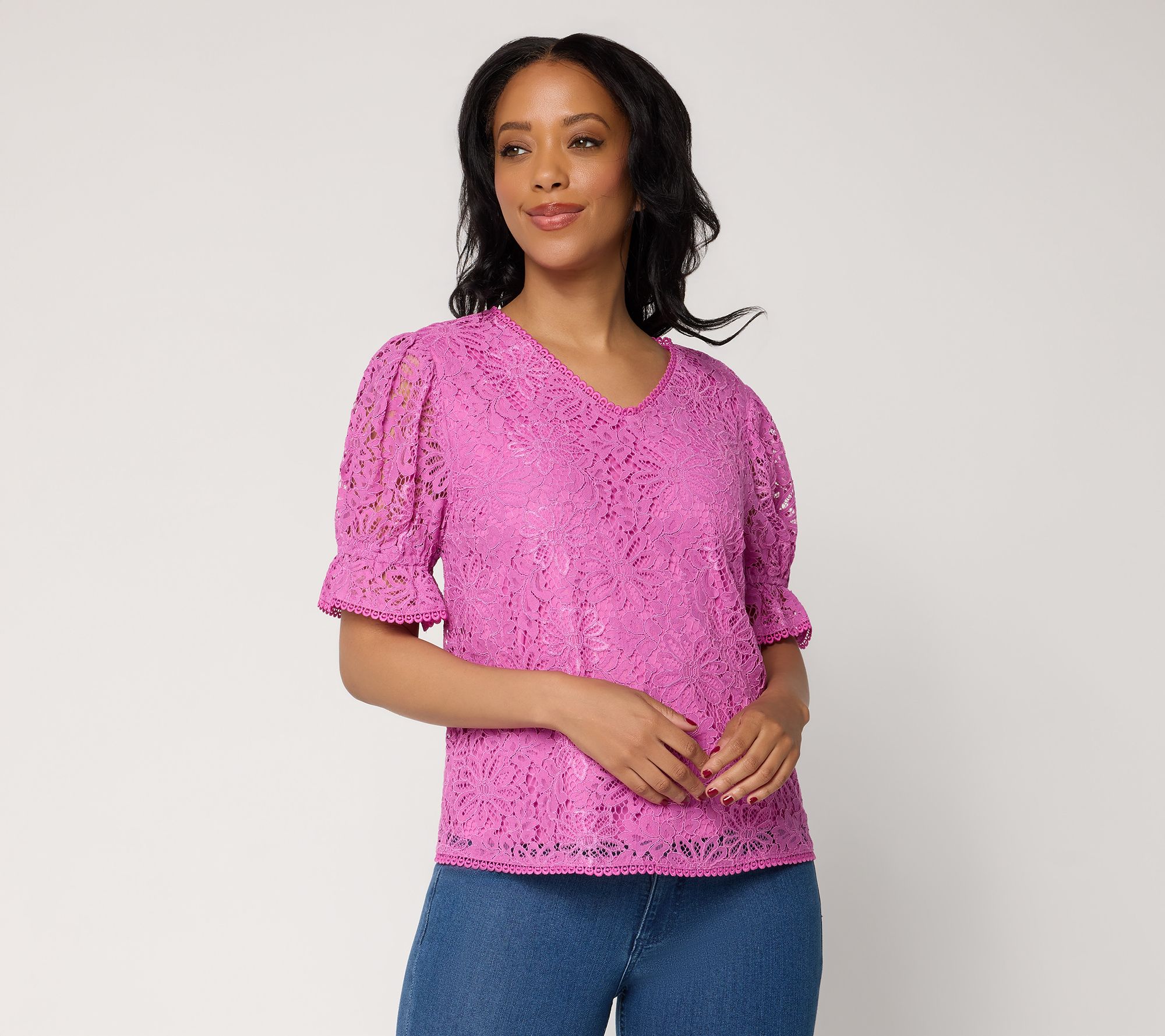nicole by Nicole Miller Floral Lace Blouse with Trim Detail