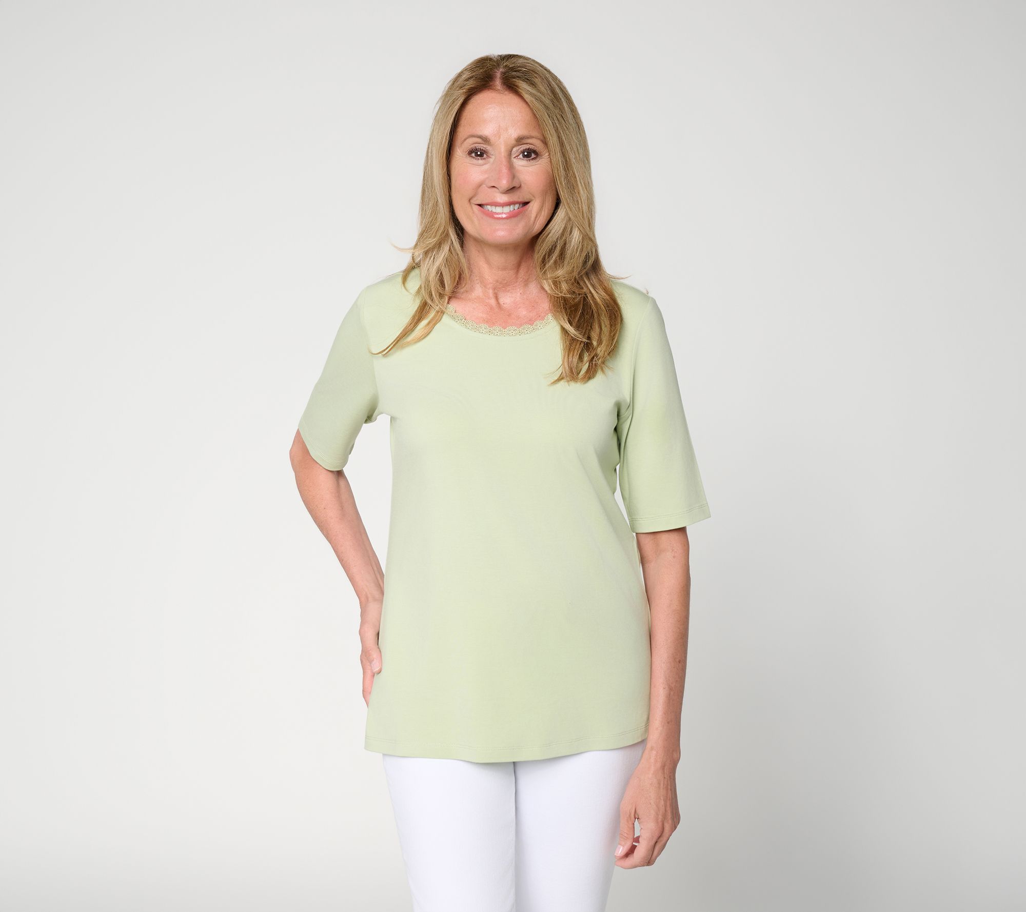  Denim & Co. Essentials So Soft Jersey Elbow Sleeve Top W/Lace