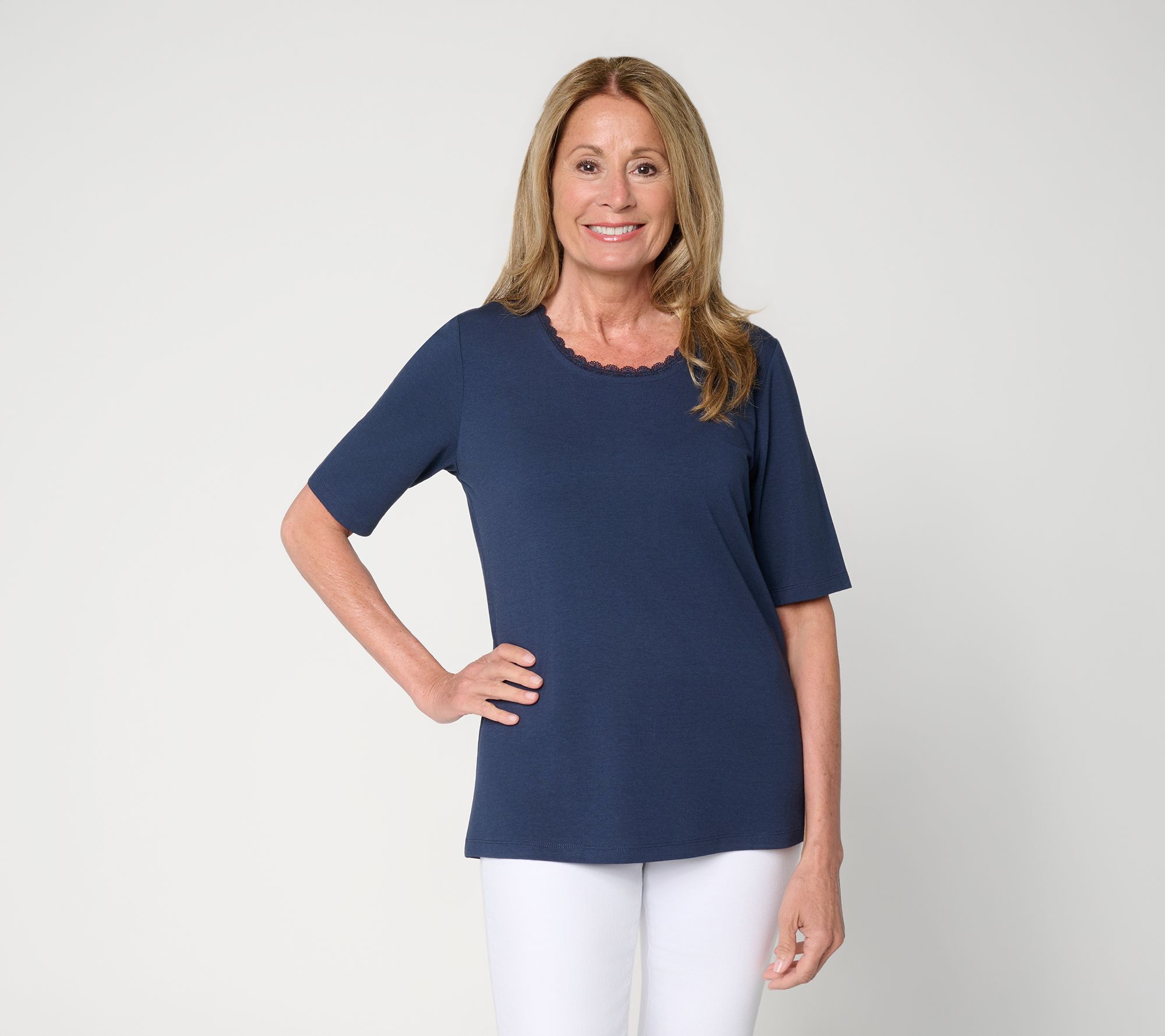 Denim & Co. Essentials So Soft Jersey Elbow Sleeve Top W/Lace