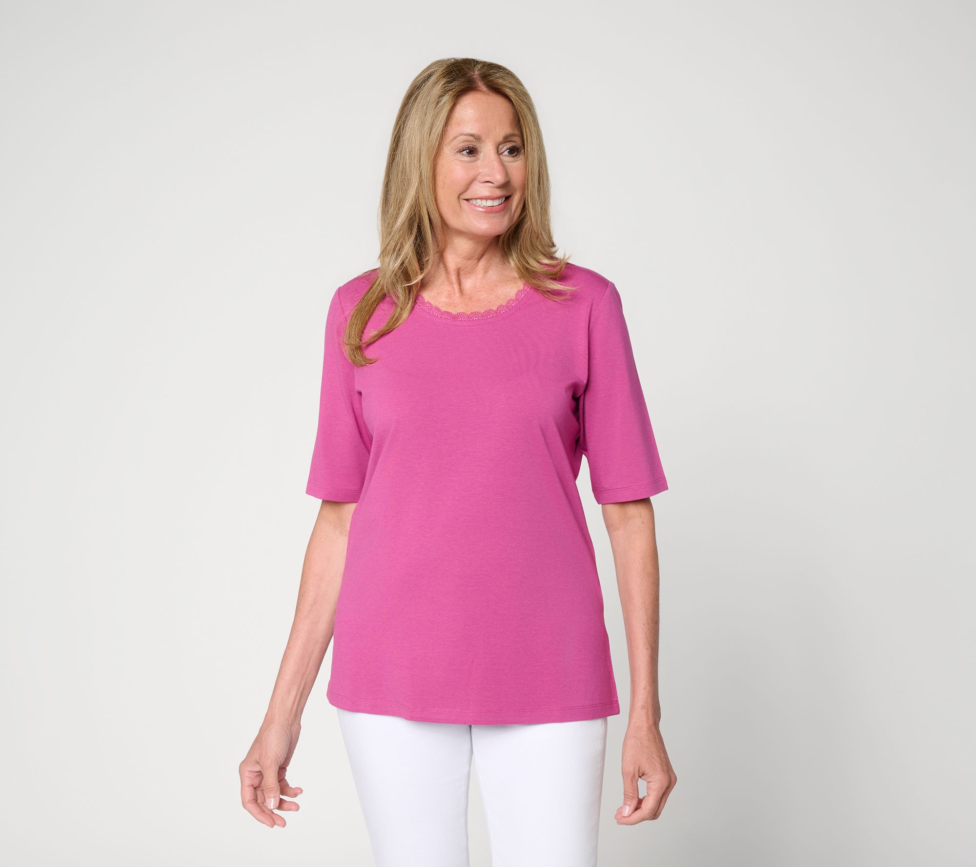 Denim & Co. Essentials So Soft Jersey Elbow Sleeve Top W/Lace