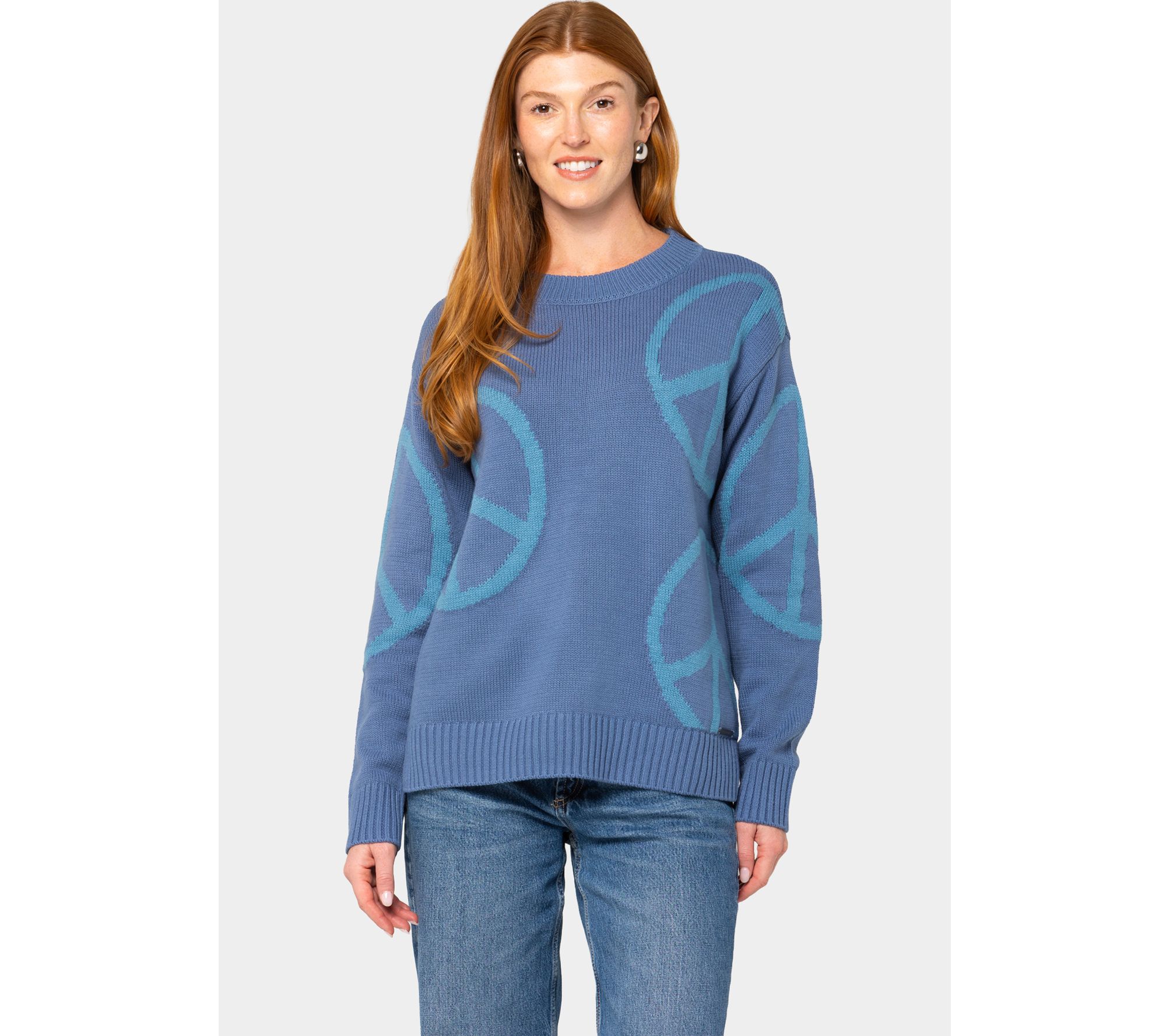 "As Is" Peace Love World Motif Intarsia Pullover Sweater