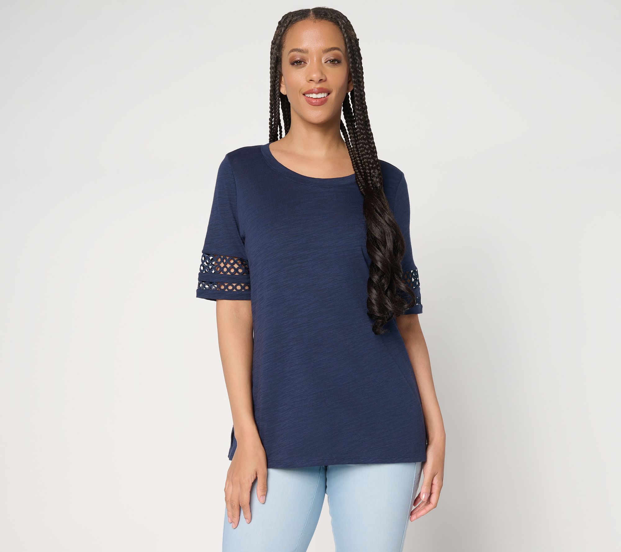 "As Is" Belle by Kim Gravel Slub Knit Elbow Sleeve Circle Trim Top