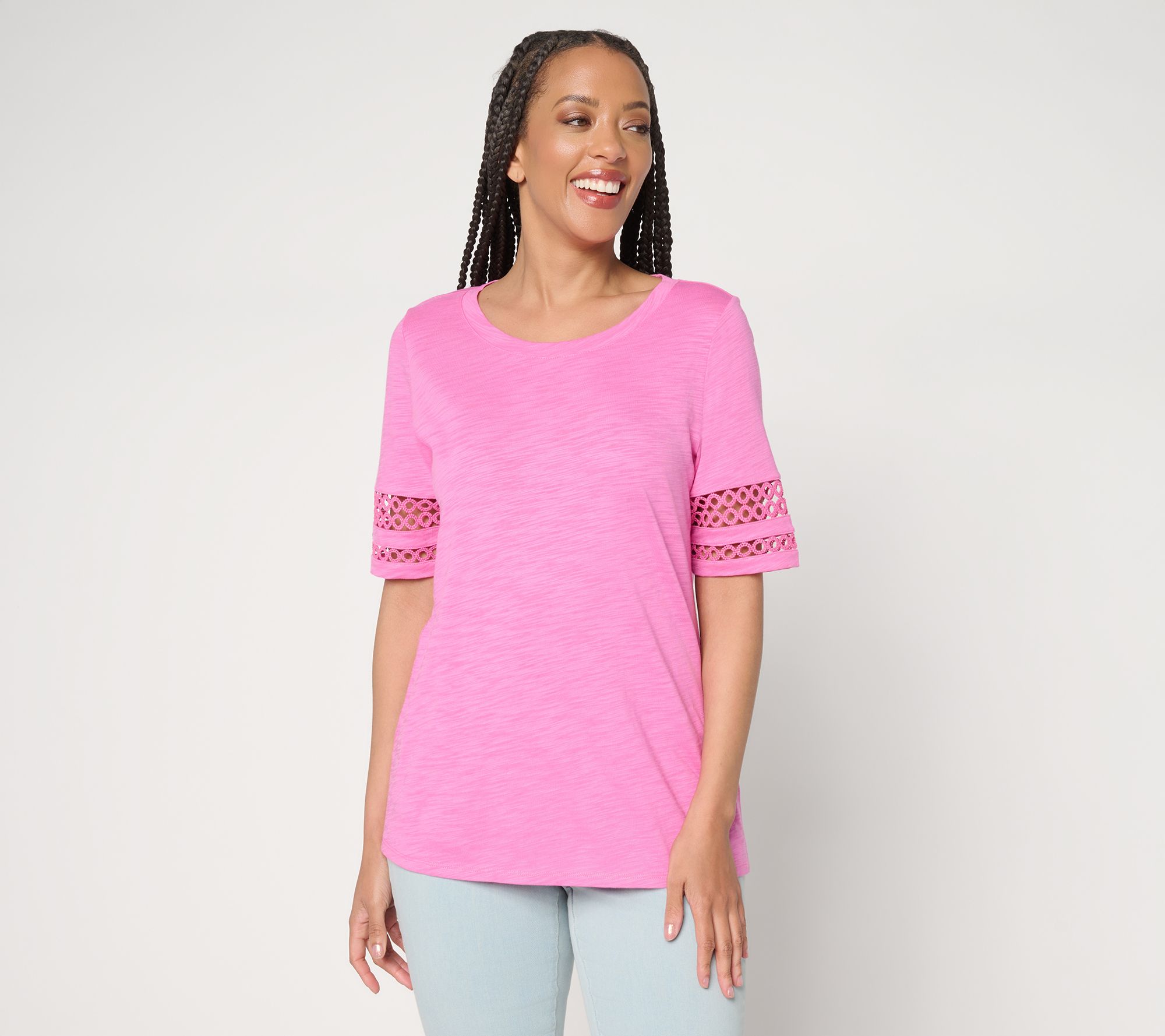 "As Is" Belle by Kim Gravel Slub Knit Elbow Sleeve Circle Trim Top