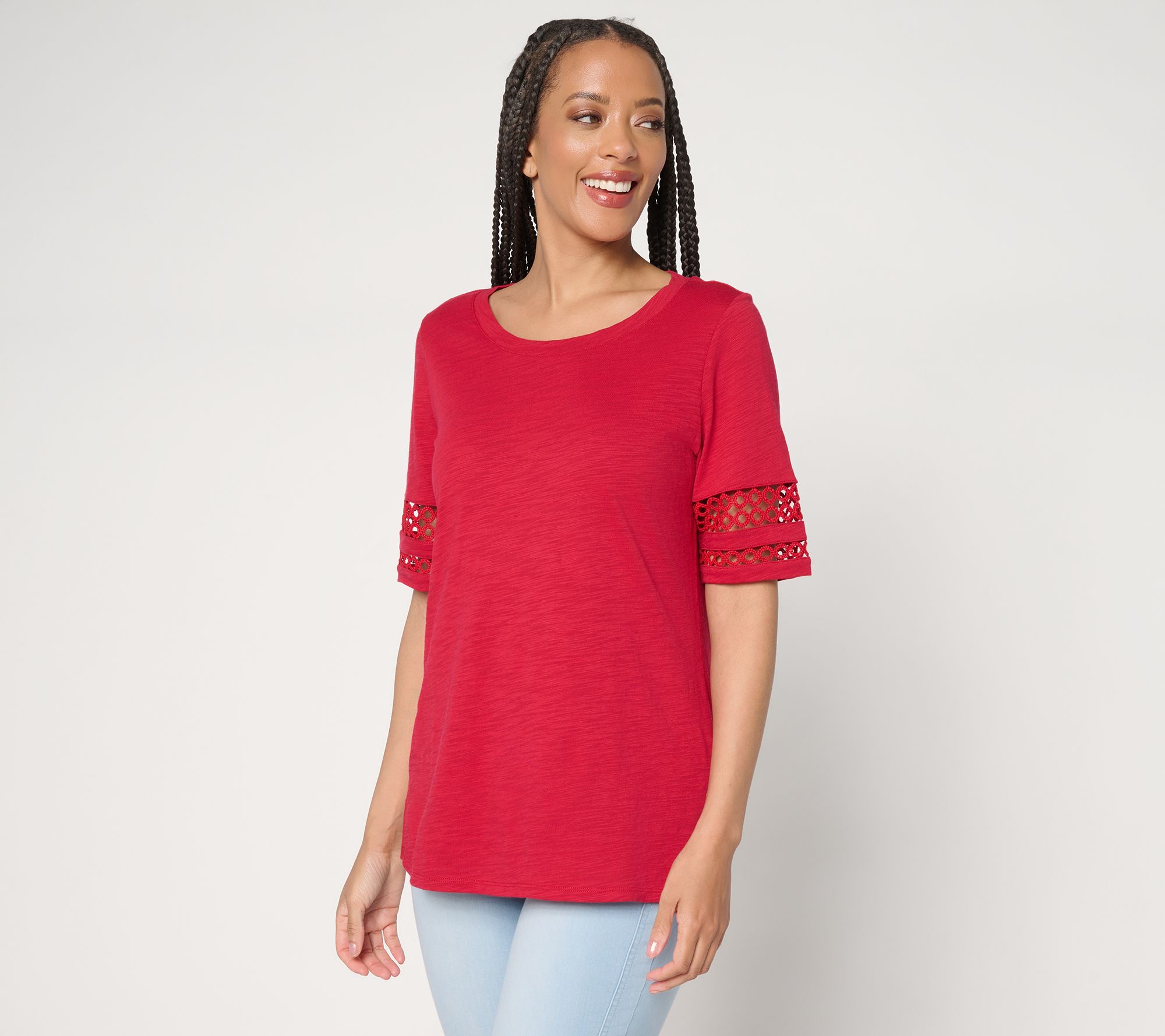 "As Is" Belle by Kim Gravel Slub Knit Elbow Sleeve Circle Trim Top