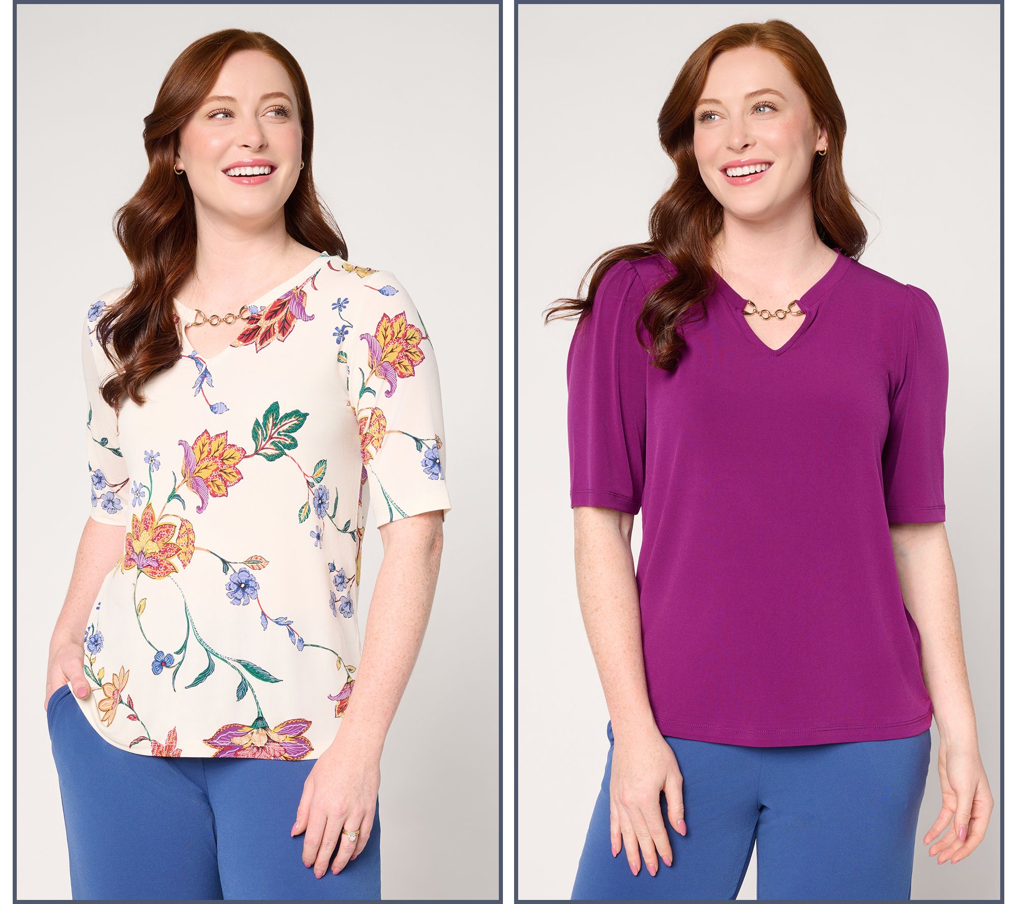 "As Is" Susan Graver Liquid Knit Print & Solid S/2 Tops w/ Keyhole Trim