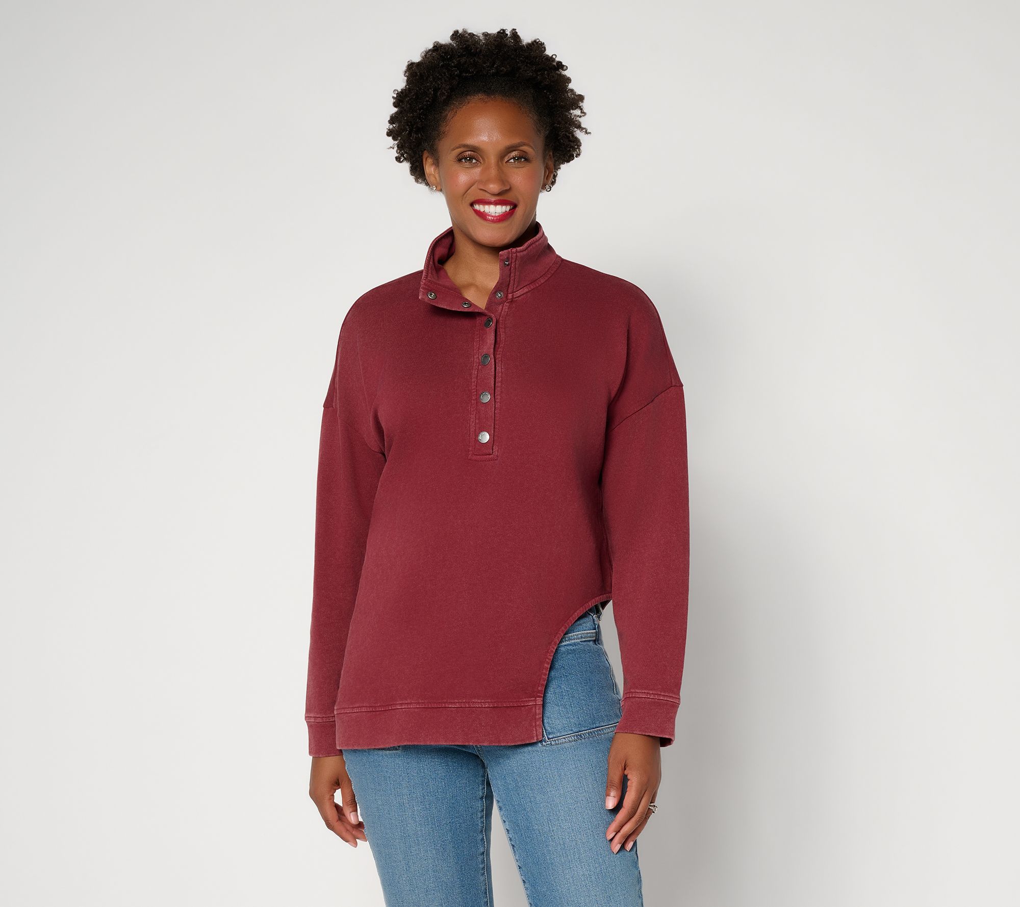 Peace Love World Regular French Terry Mock Neck Tunic with Cut Out