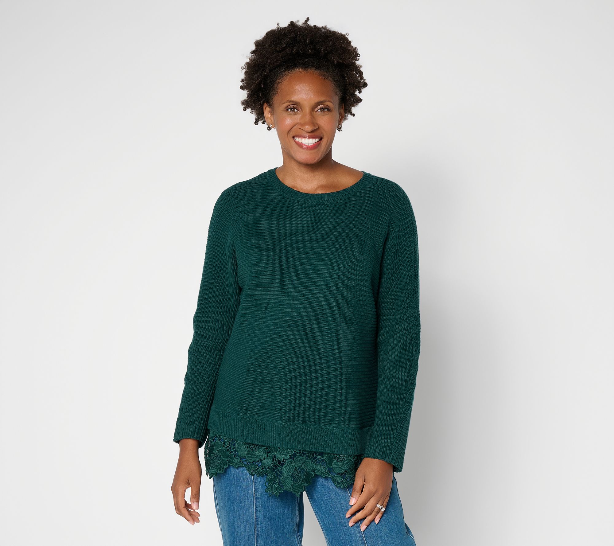 LOGO by Lori Goldstein 100% Cotton Sweater with Lace Hem