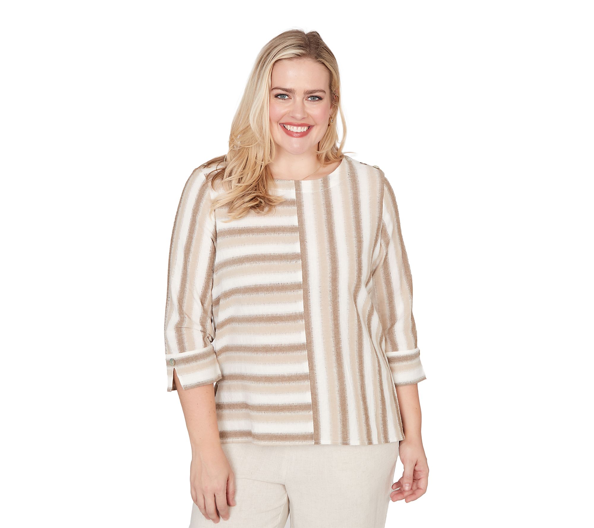 Alfred Dunner Women's Spliced Stripe 3/4-SleeveTop