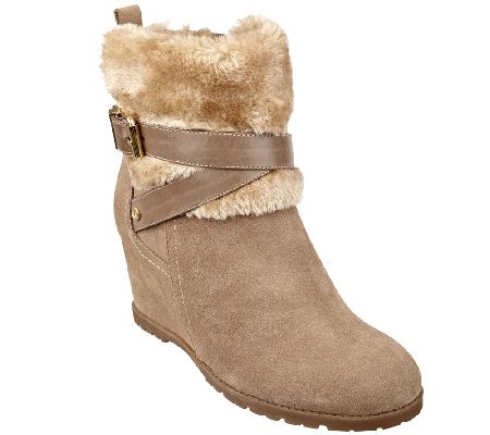 Marc Fisher Suede Wedge Ankle Boots w/ Faux Fur - Trevis - Page 1 — QVC.com