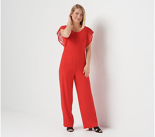 H by Halston Petite Jet Set Jersey Wide-Leg Jumpsuit with Lace Sleeves
