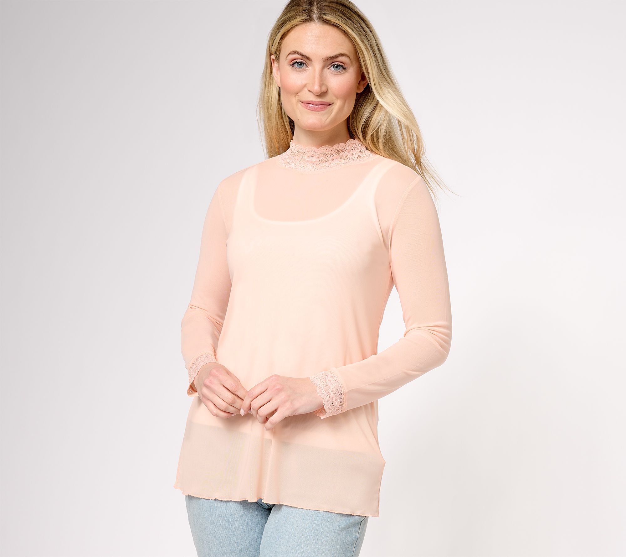 LOGO Layers by Lori Goldstein Sheer Mesh Mock Neck Top with Lace Trim