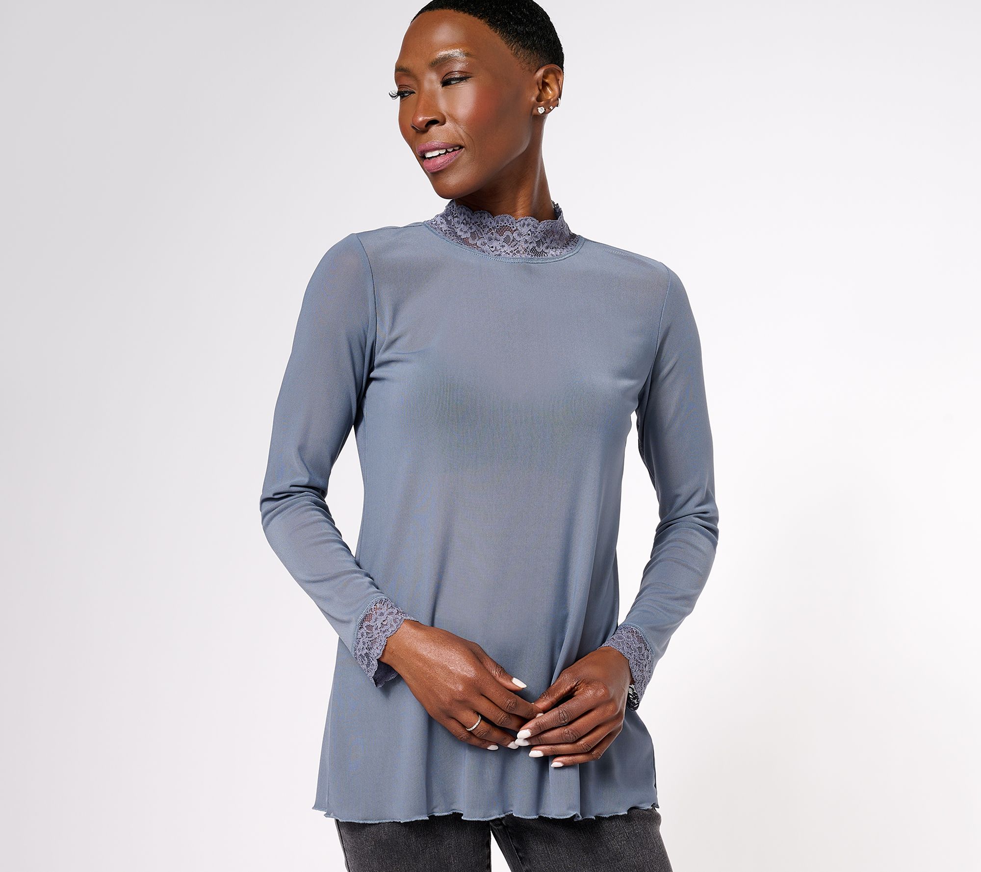 LOGO Layers by Lori Goldstein Sheer Mesh Mock Neck Top with Lace Trim