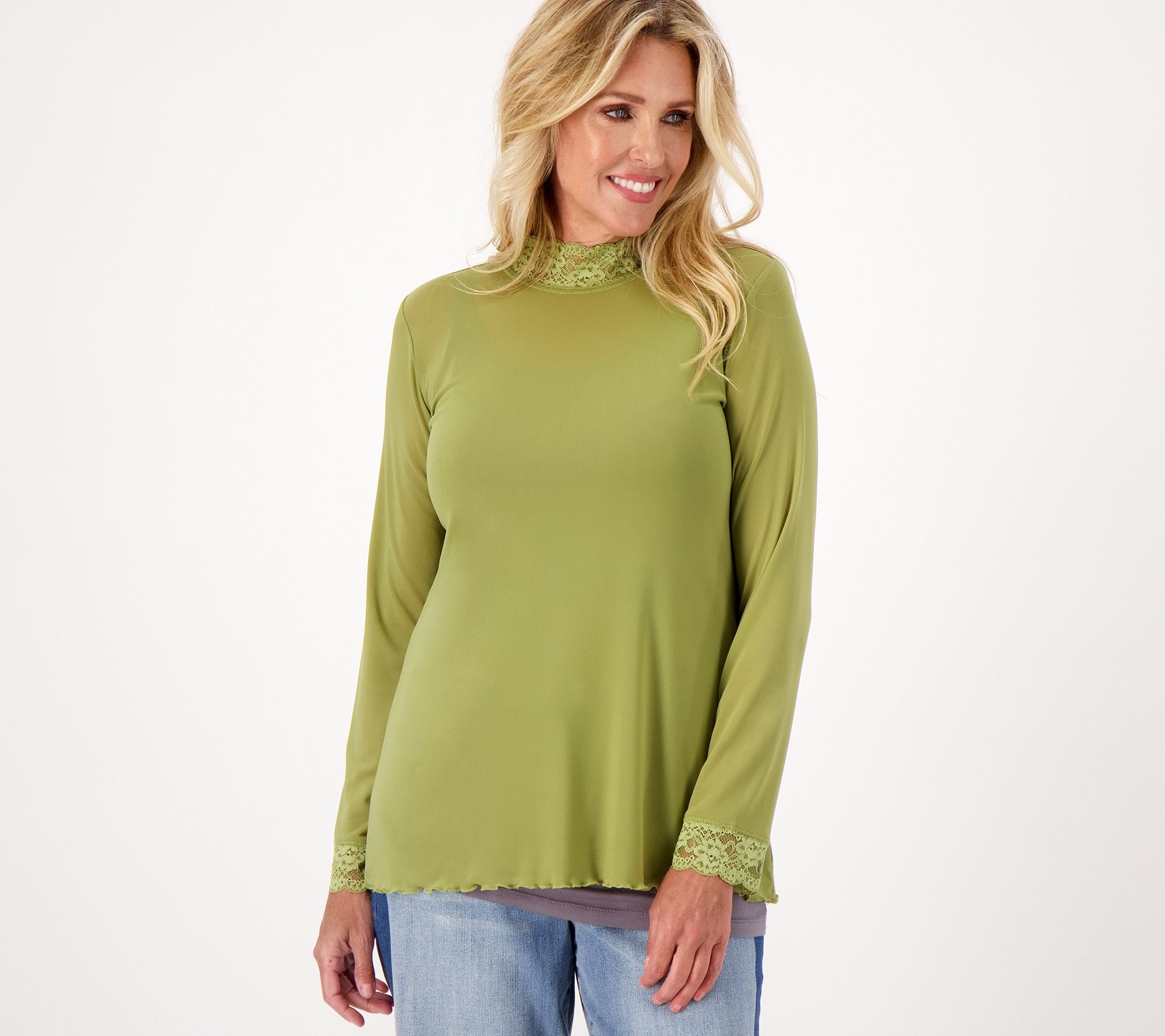 LOGO Layers by Lori Goldstein Sheer Mesh Mock Neck Top with Lace Trim