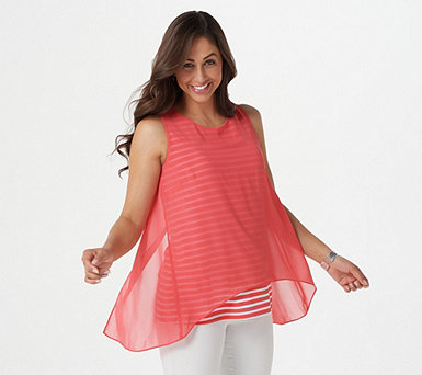  Susan Graver Printed Knit Tank with Woven Chiffon Overlay - A395087