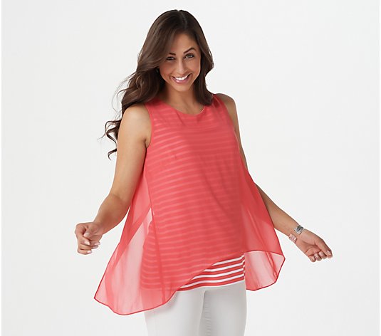 Susan Graver Printed Knit Tank with Woven Chiffon Overlay