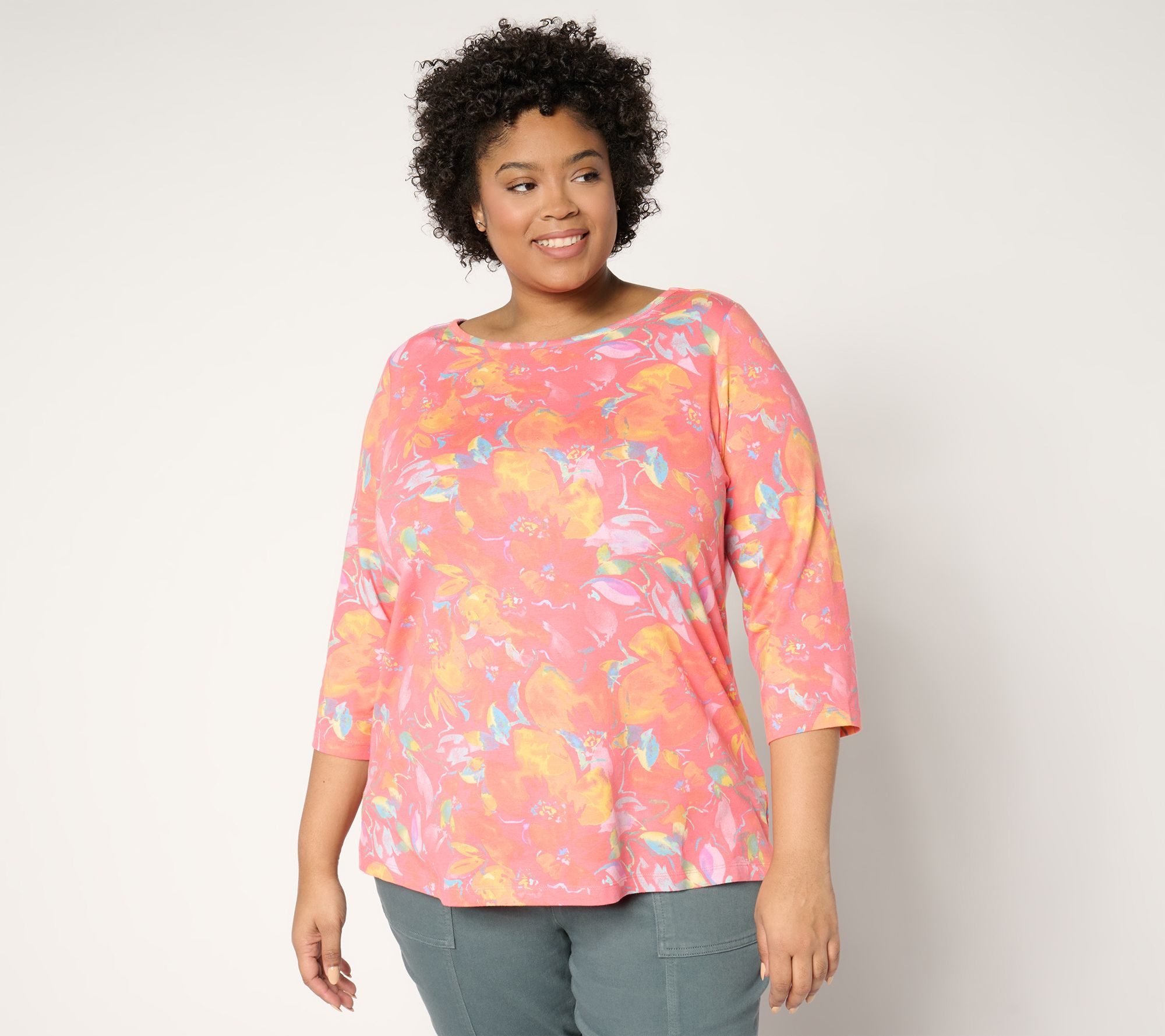 Denim & Co. Printed Favorite Jersey Boat Neck 3/4 Sleeve Top
