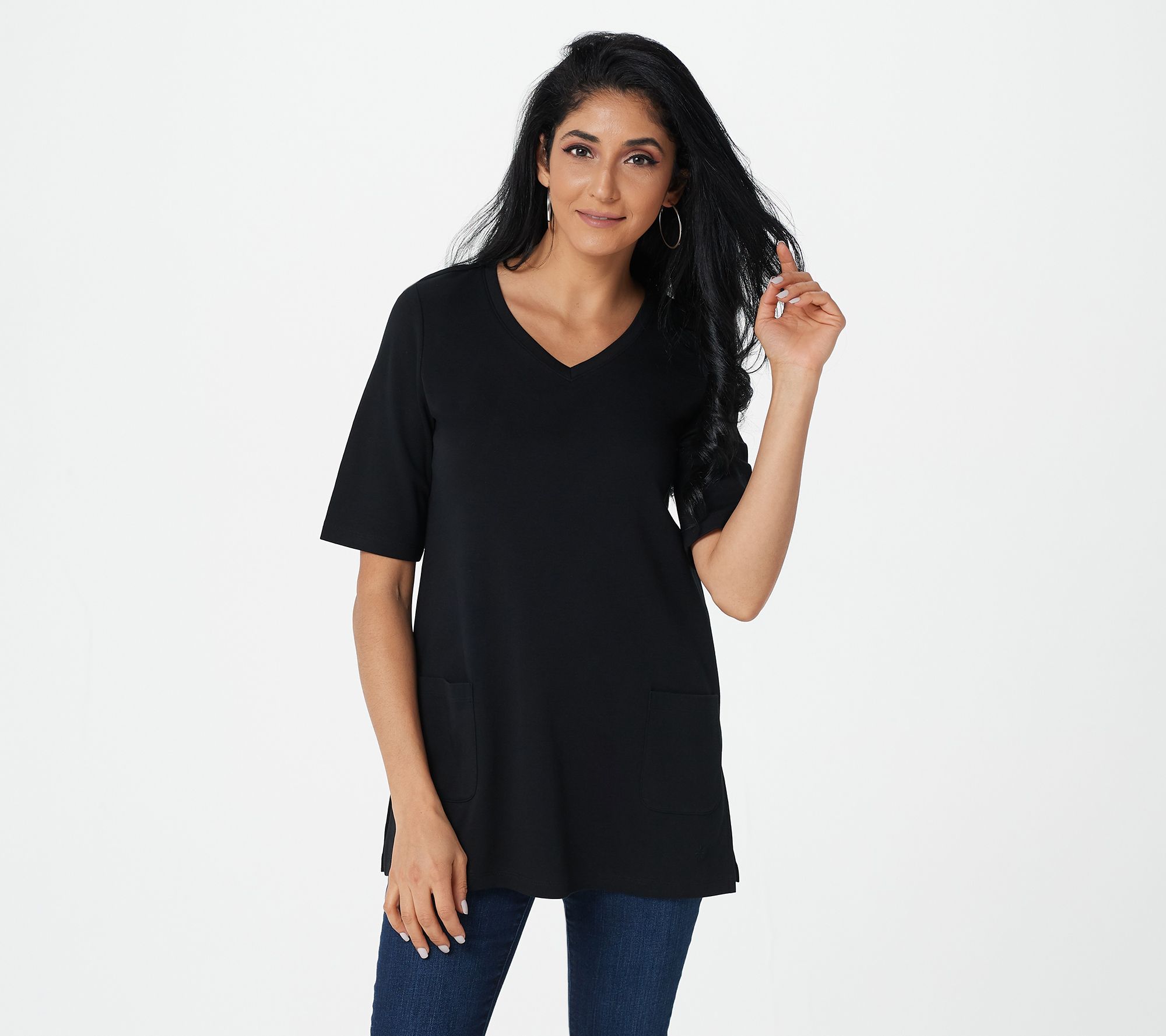 "As Is" Issac Mizrahi Live Essentials Pima V-Neck Top with Tall Slits