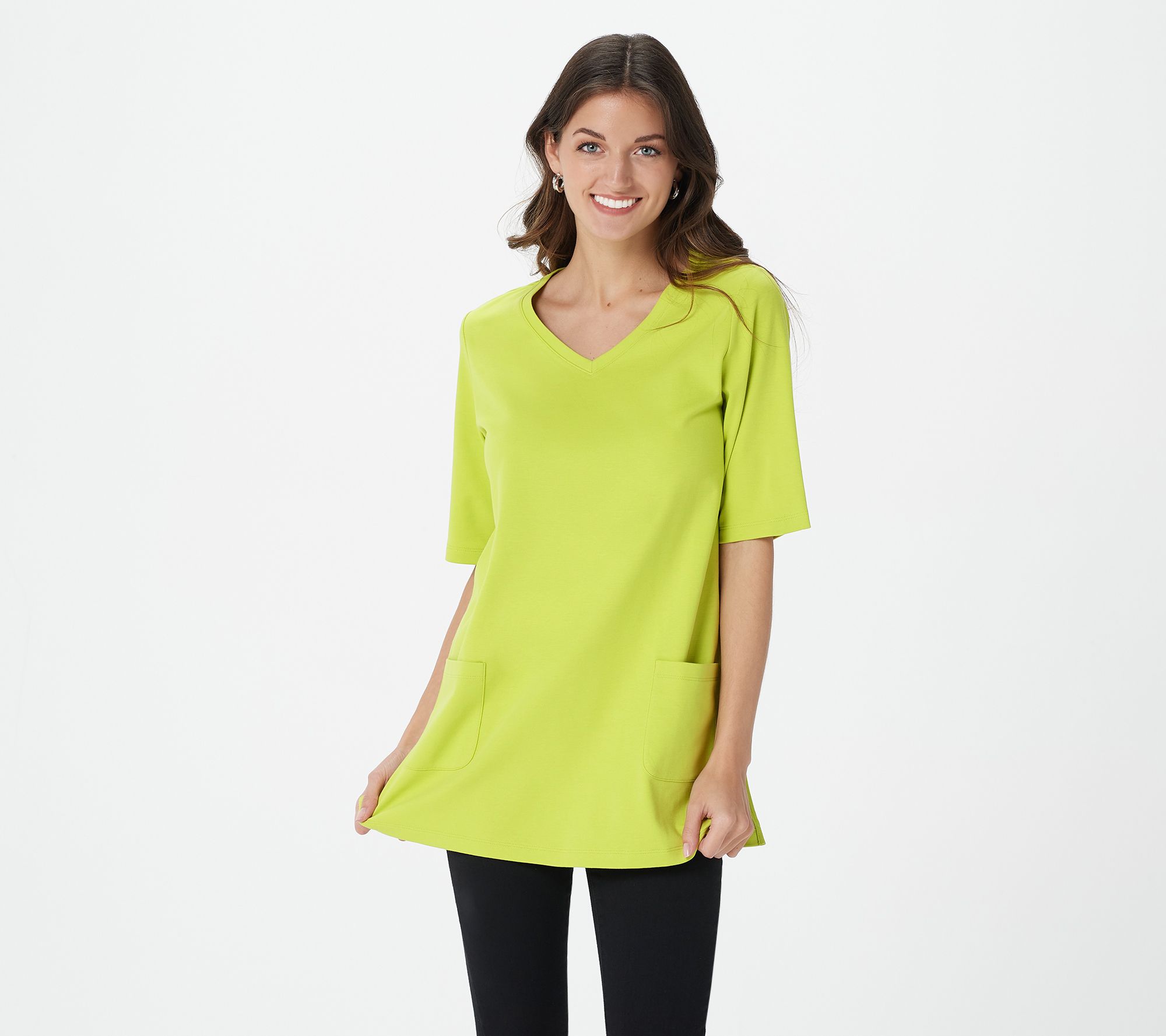 "As Is" Issac Mizrahi Live Essentials Pima V-Neck Top with Tall Slits