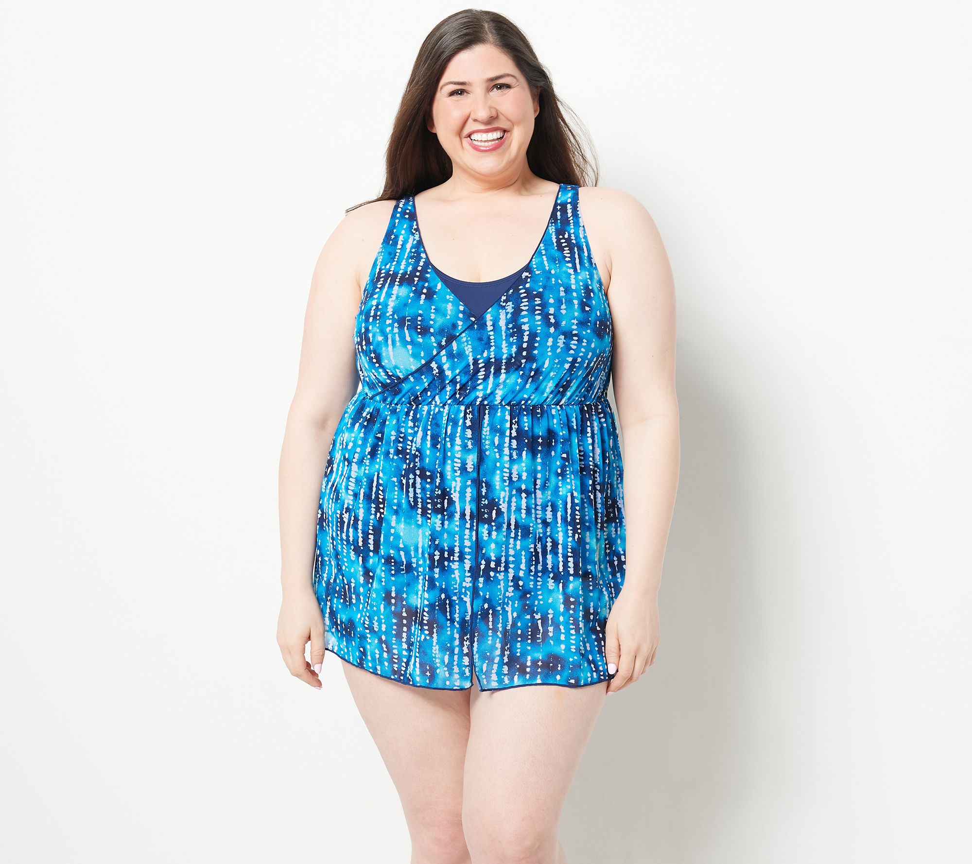 Denim & Co. Beach Printed V-Neck Surplice Layered Swim Dress