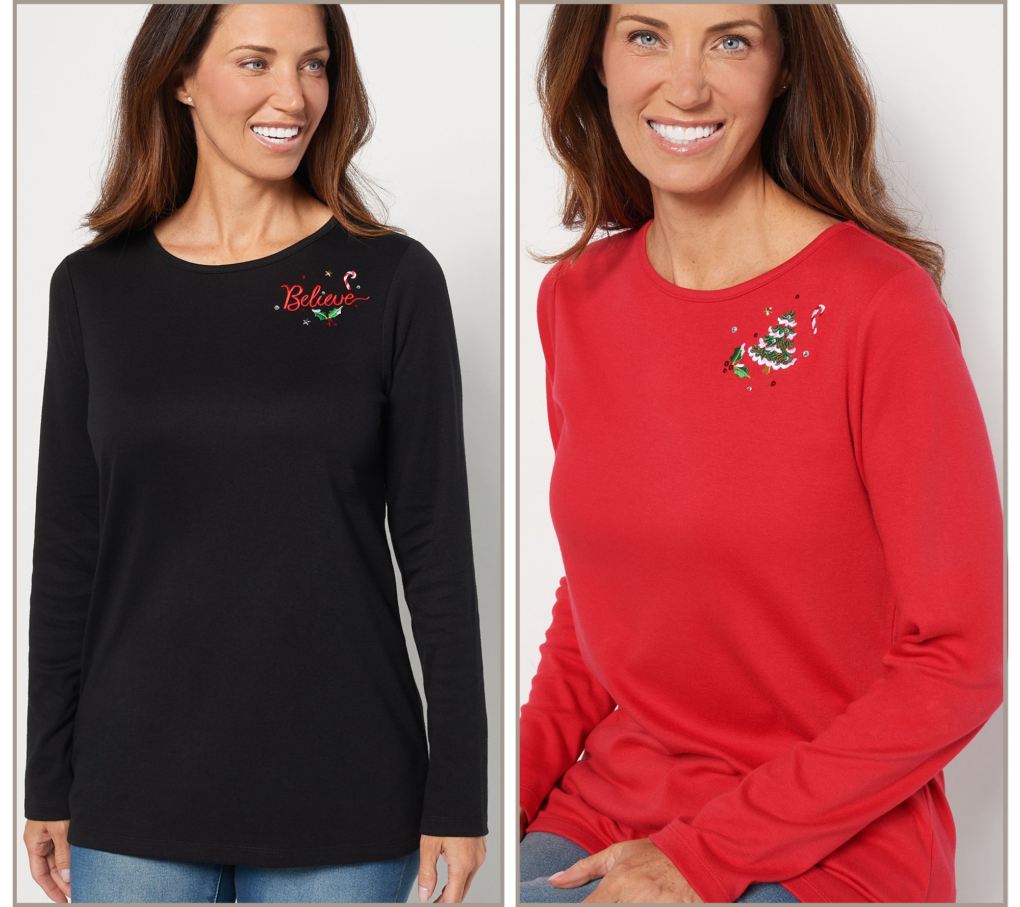 "As Is" Quacker Factory Set of 2 Embroidered Holiday Broach Knit Tops